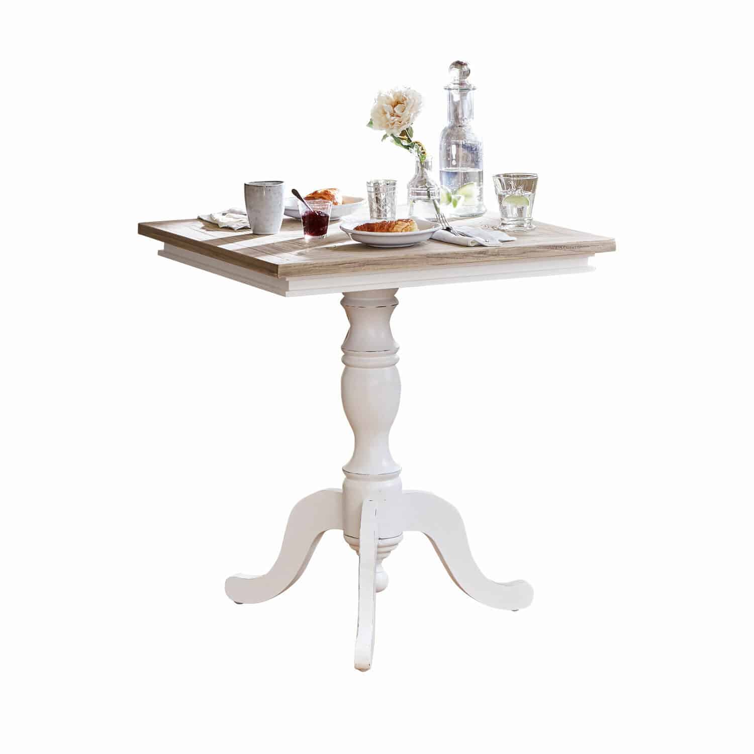 Tisch Kingston Quadratischer Holztisch mit weissem Fuss und naturfarbenem Tischblatt im rustikalen Stil