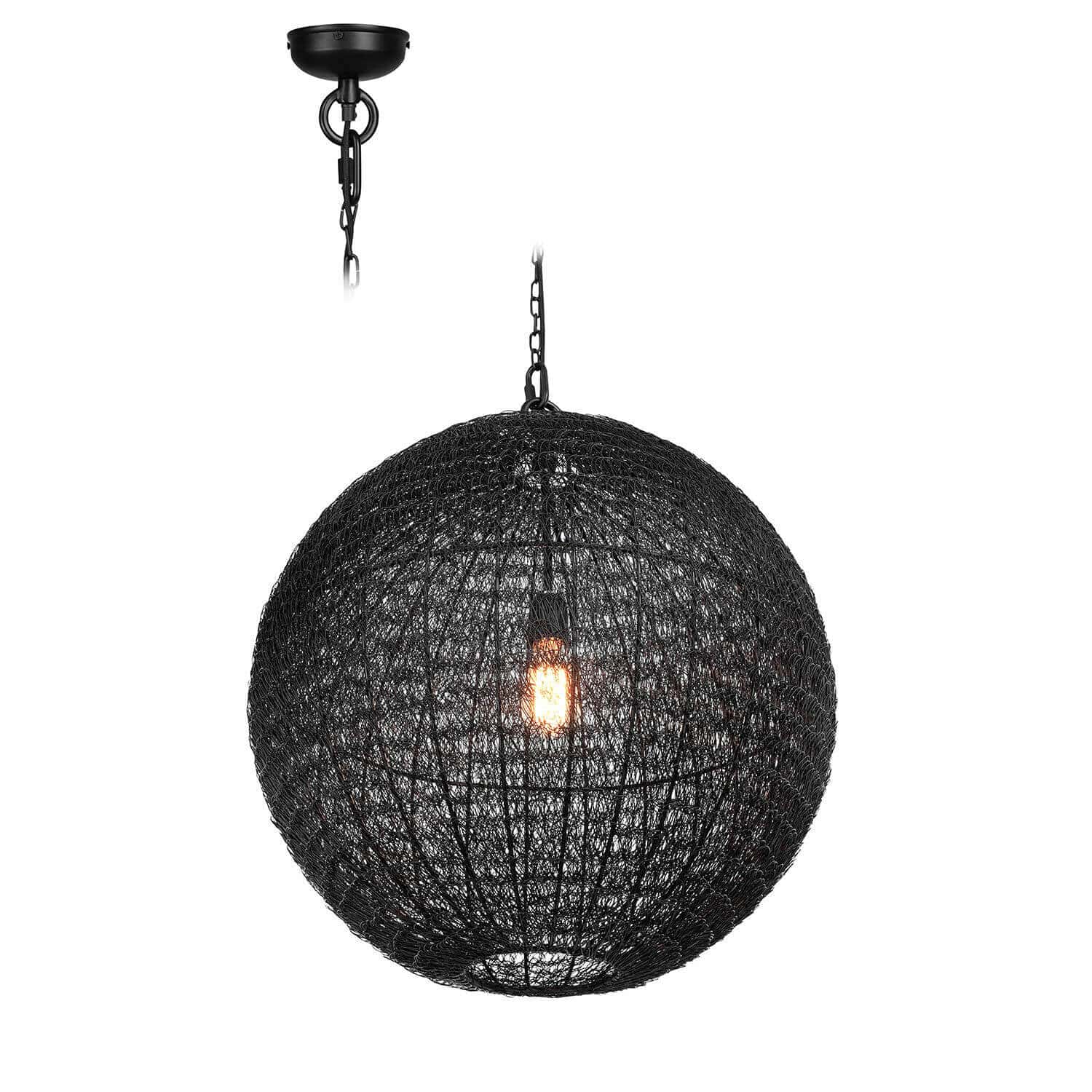 Hängelampe Castalune Schwarze kugelförmige Metall-Hängeleuchte mit Netzschirm und sichtbarer LED-Lampe