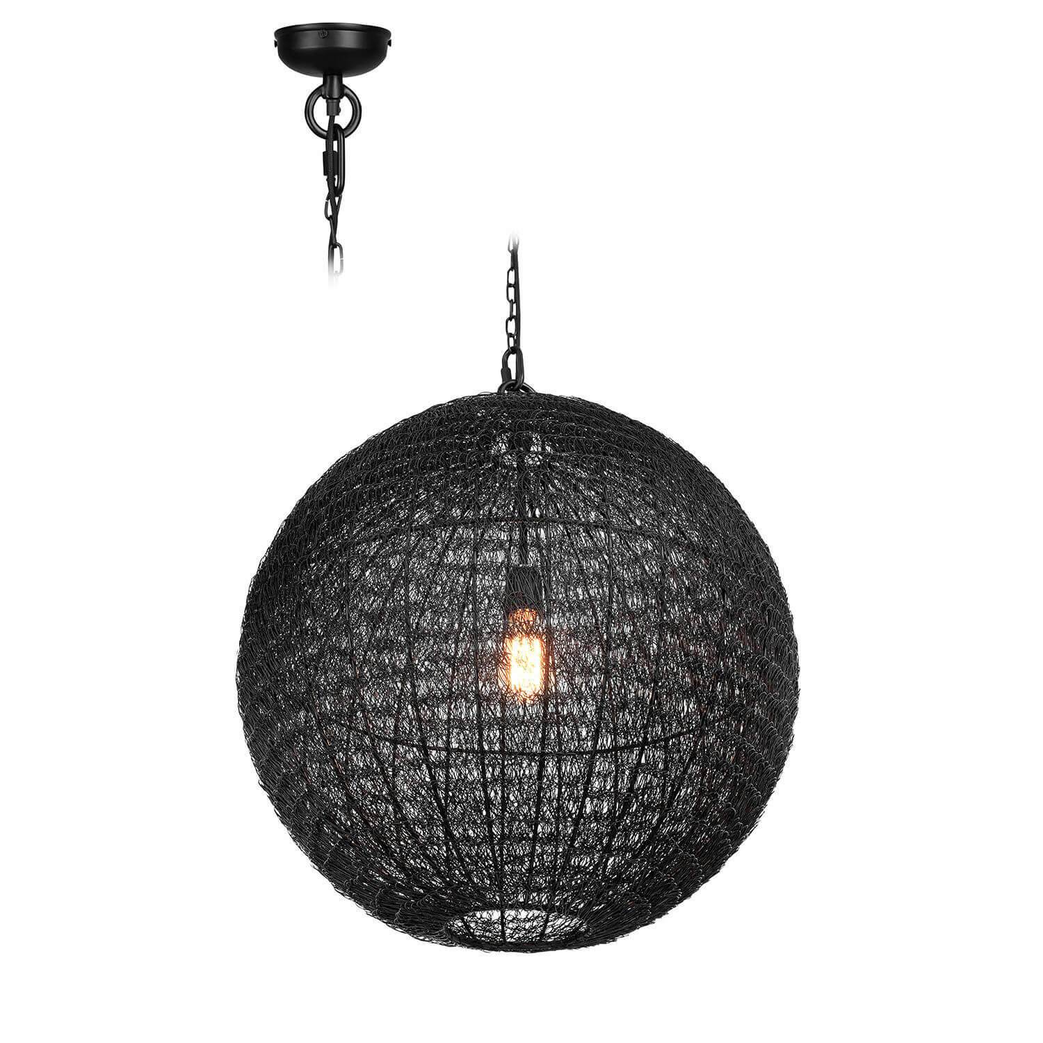 Hängelampe Castalune Schwarze kugelförmige Metall-Hängeleuchte mit Netzschirm und sichtbarer LED-Lampe