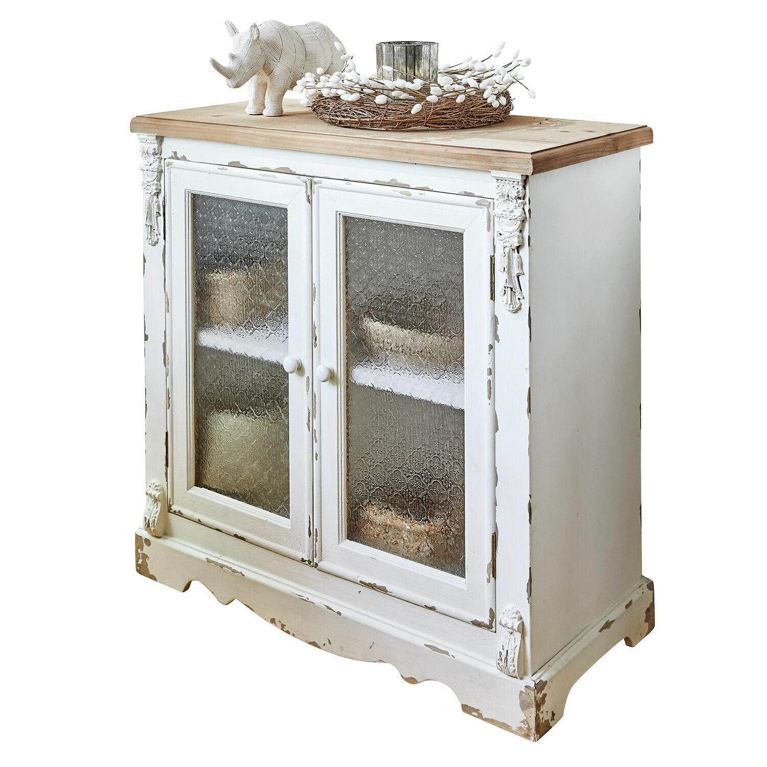 Kommode South Yarmouth Weisse Vintage-Holzkommode mit Glastüren und naturfarbiger Holzplatte, Wohnzimmermöbel