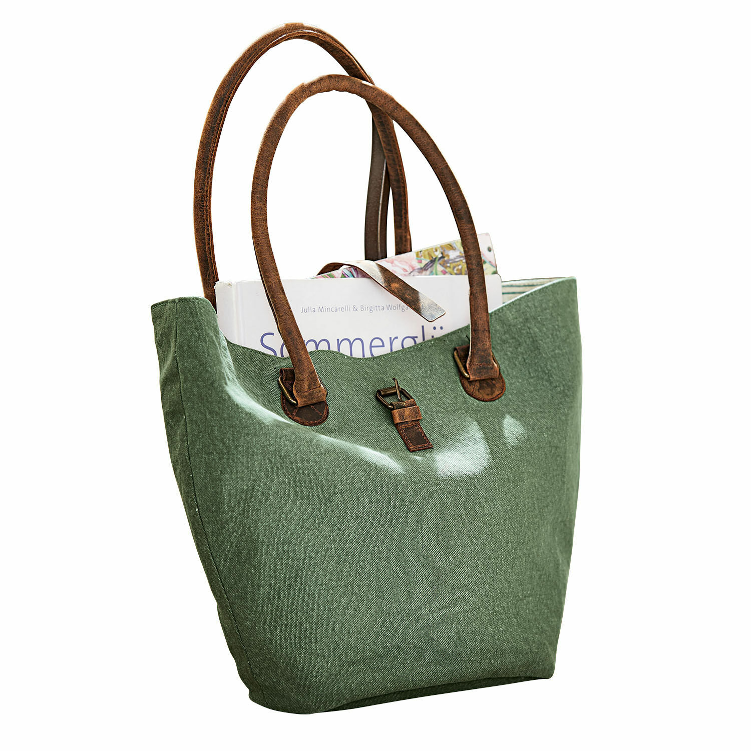 Tasche Ambre Grüne Stofftasche mit braunen Griffen und Schnalle, ideal für Bücher und den Alltag.