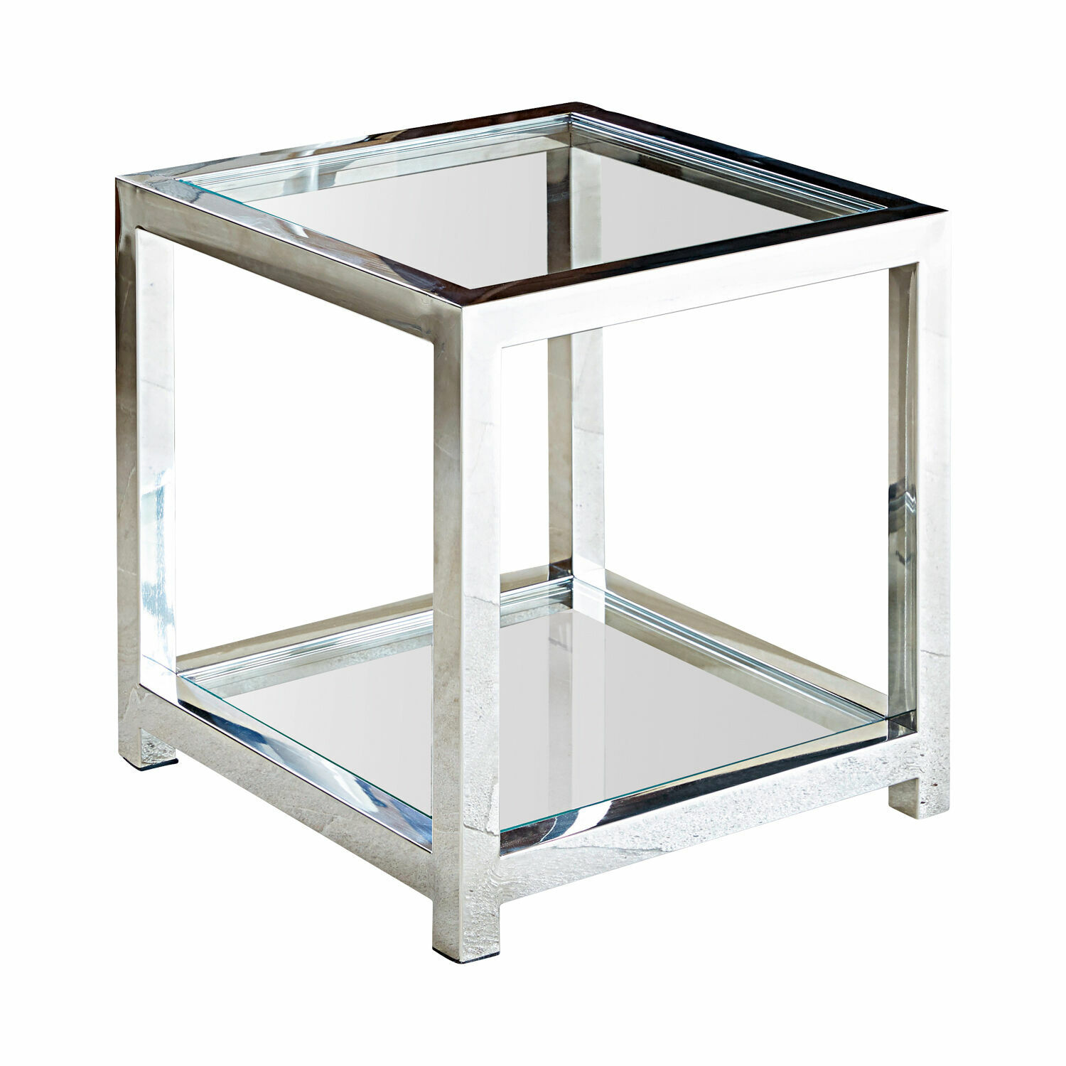 Quadratischer Couchtisch Clayton mit silbernem Metallgestell und Glasplatte, modernes Wohnzimmermöbel