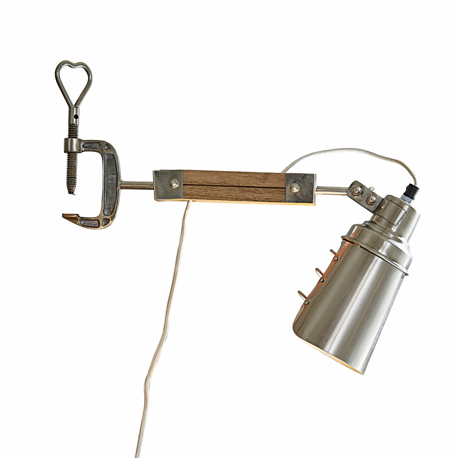 Klemmlampe Lewiston Wandleuchte aus Metall mit Klammer und Holzgriff in Silber zur Befestigung an der Wand