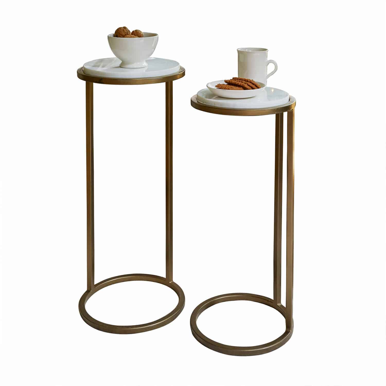 Beistelltisch 2er Set Soréline Zweier-Set Beistelltische mit weisser Marmorplatte und messingfarbenem Metallgestell