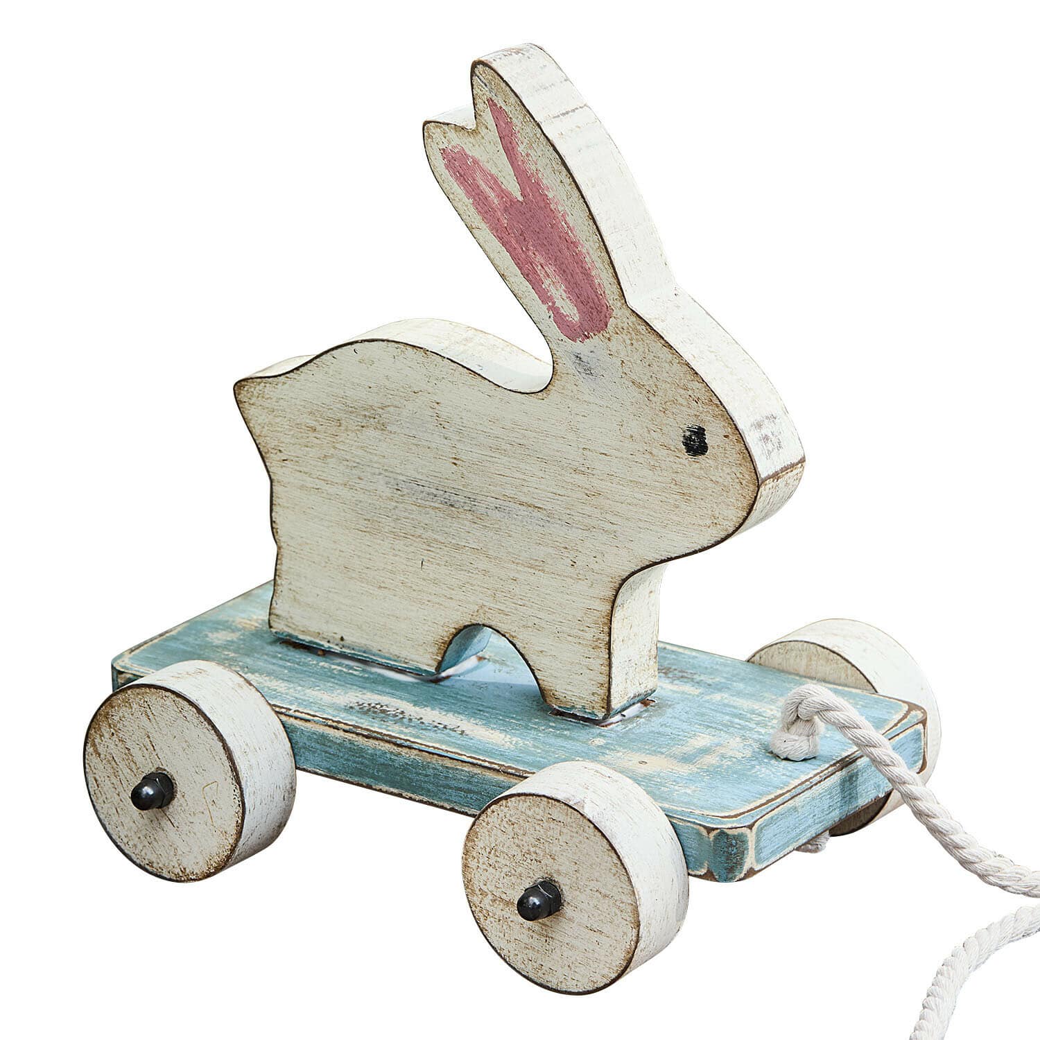 Ziehfigur Moiraine Holzspielzeug Hase in Weiss auf blauem Wagen mit Rädern und Zugseil, Kinderspielzeug