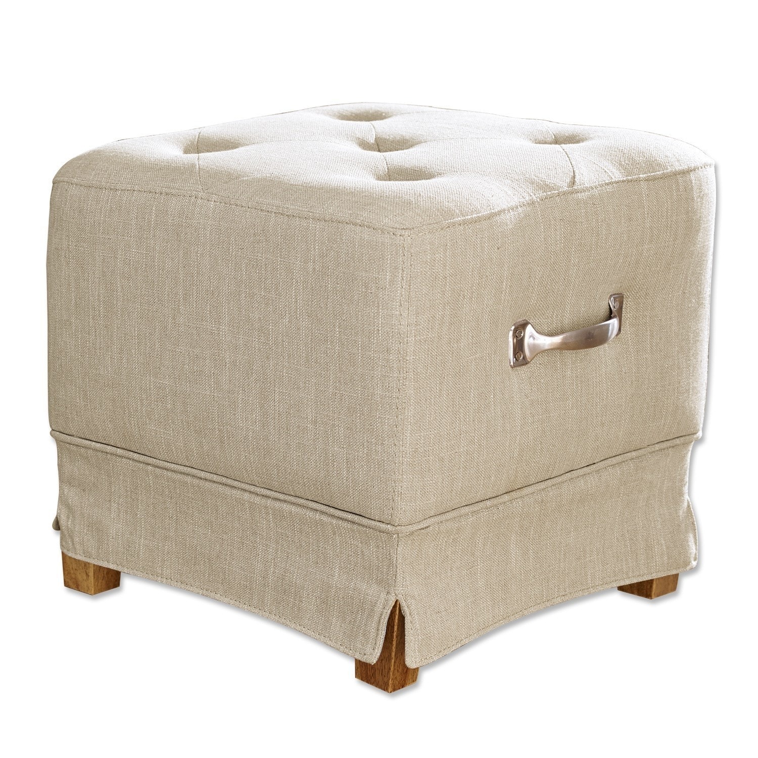 Beiger Hocker Burke aus Leinen mit Holzbeinen und Metallgriff, bequemer Sitz für das Wohnzimmer