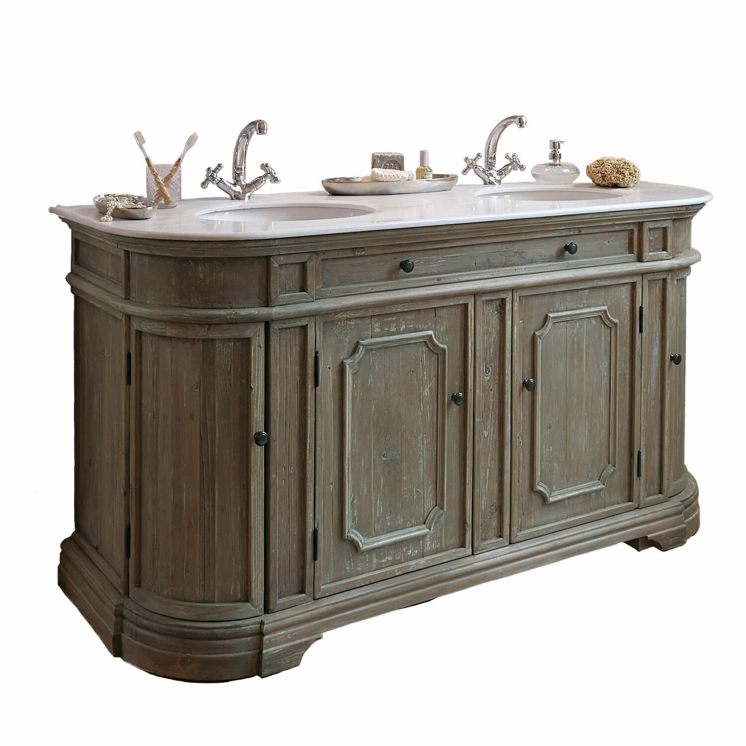 Doppelwaschtisch Pembroke Grauer Holz-Badezimmerschrank mit Doppelwaschbecken und weisser Marmorplatte