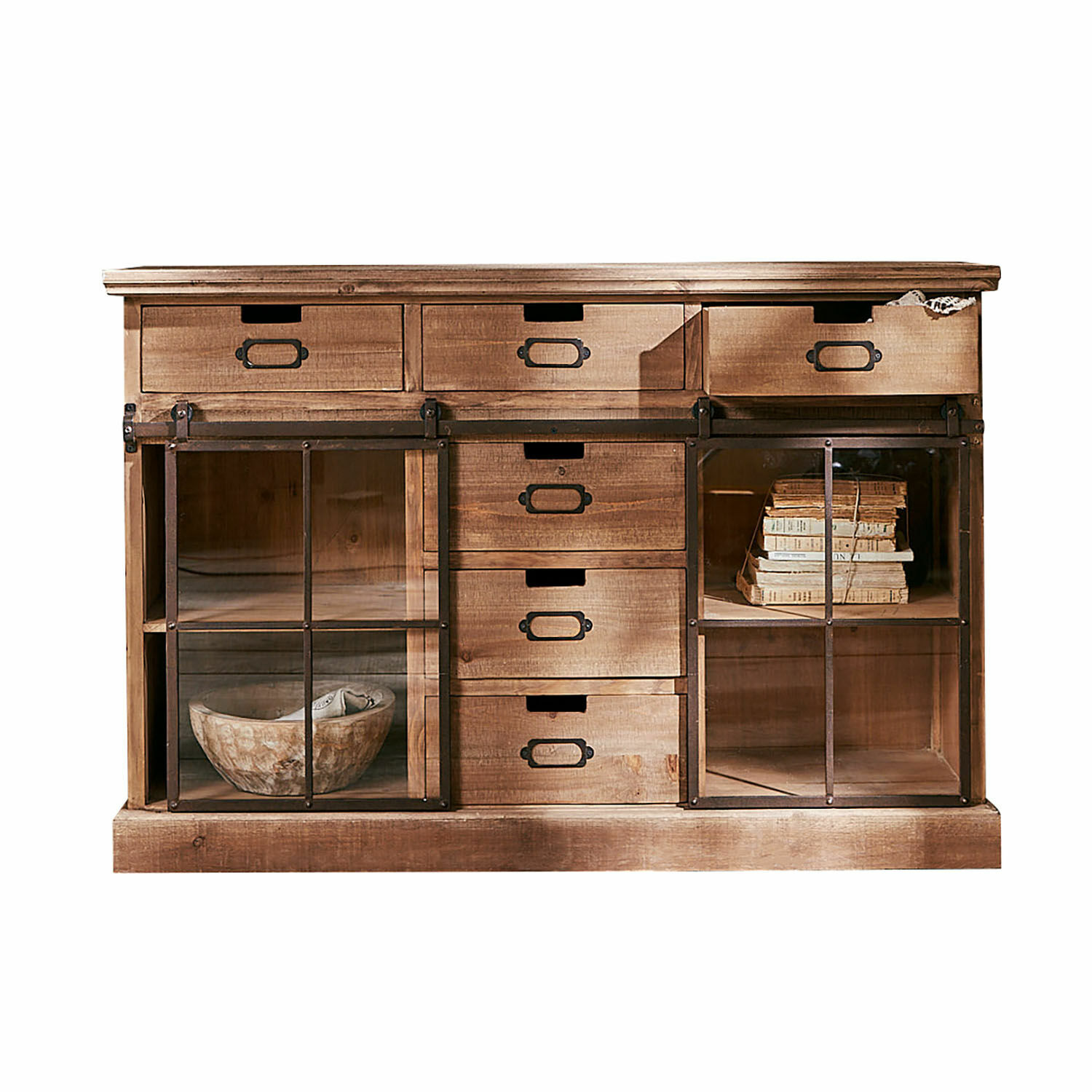 Sideboard Finegand Holzkommode mit Schubladen und Glastüren in Naturfarbe, rustikales Aufbewahrungsmöbel