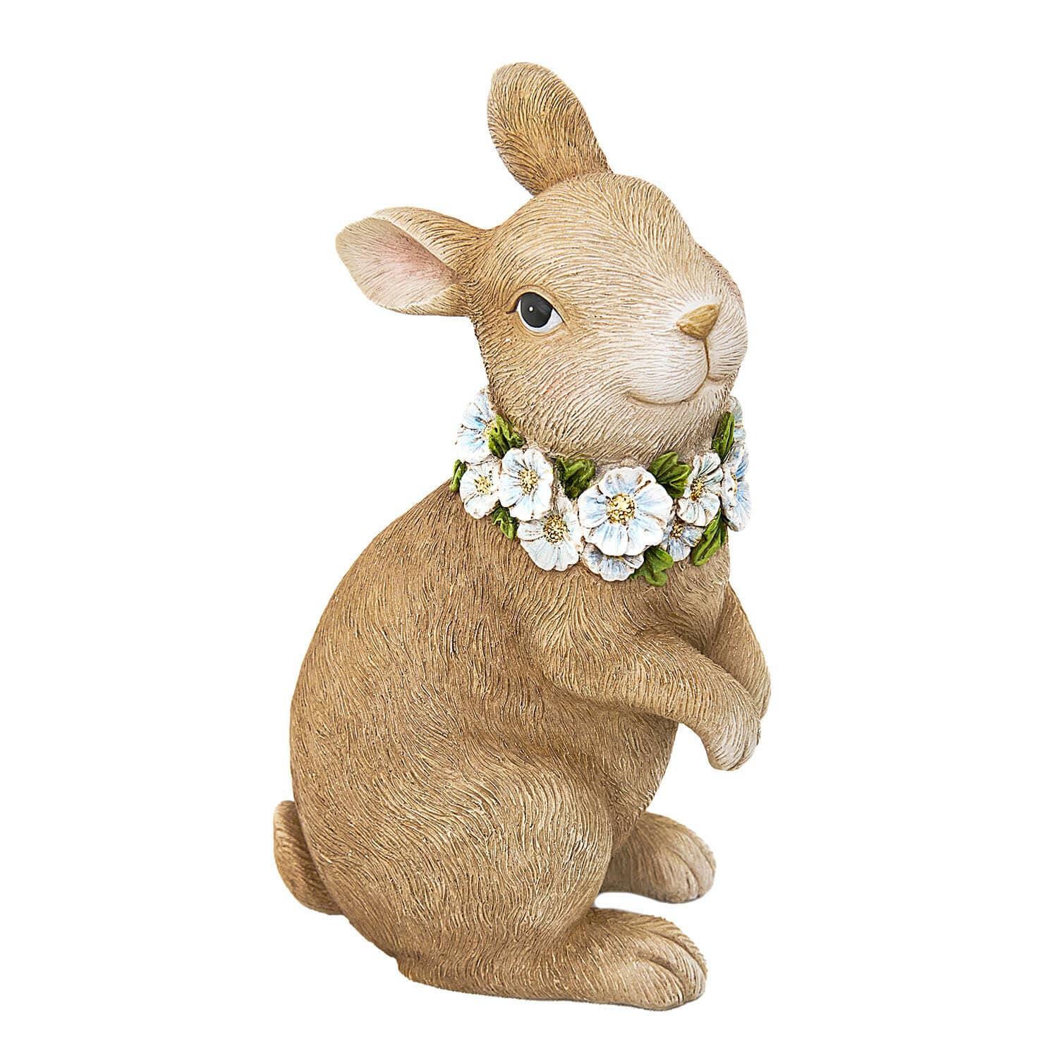 Deko-Hase Ashfordale Braune Hasenfigur aus Kunststoff mit weissem Blumenkranz als Frühlingsdekoration