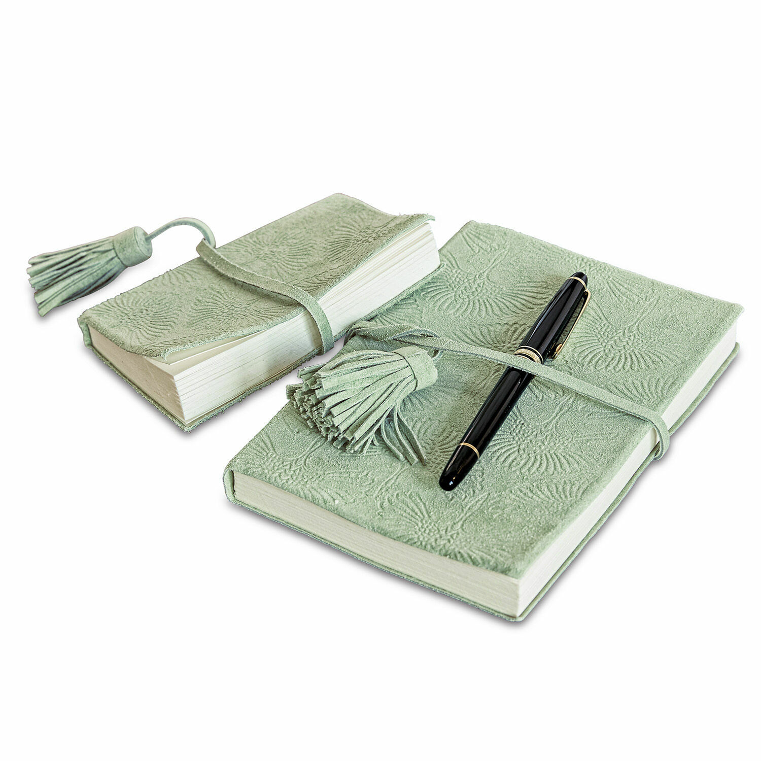 Notizbuch 2er Set Houdain Set aus zwei grünen Notizbüchern aus weichem Leder mit Prägung und schwarzem Kugelschreiber