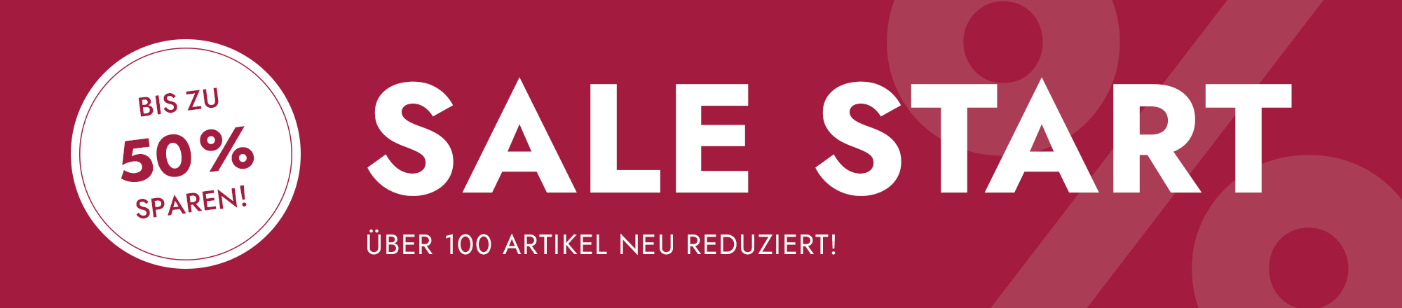 Roter Hintergrund mit Hinweis auf bis zu 50% Rabatt und über 100 neu reduzierte Artikel