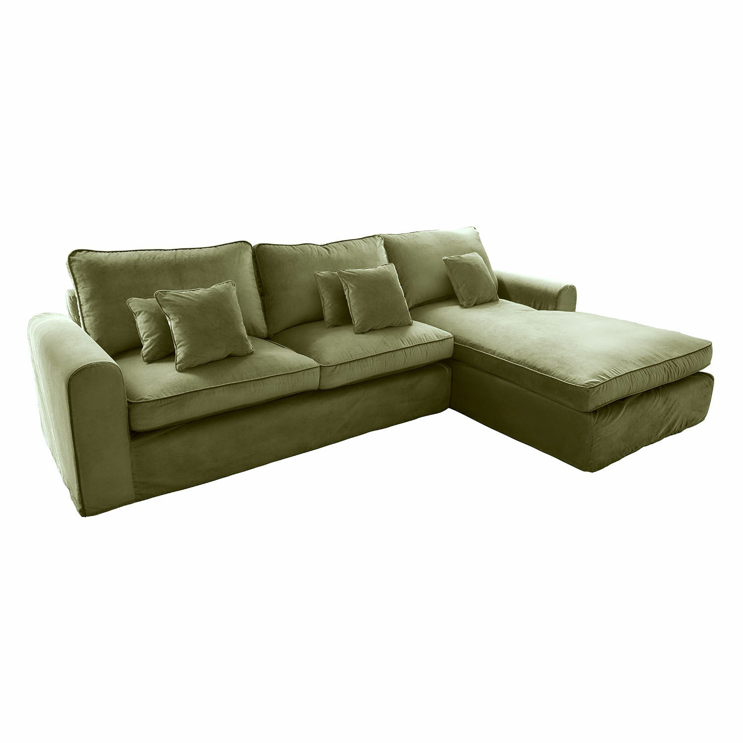 Sofa Seaford Ecksofa aus grünem Samt mit Kissen, bequeme Polstermöbel für Wohnzimmer