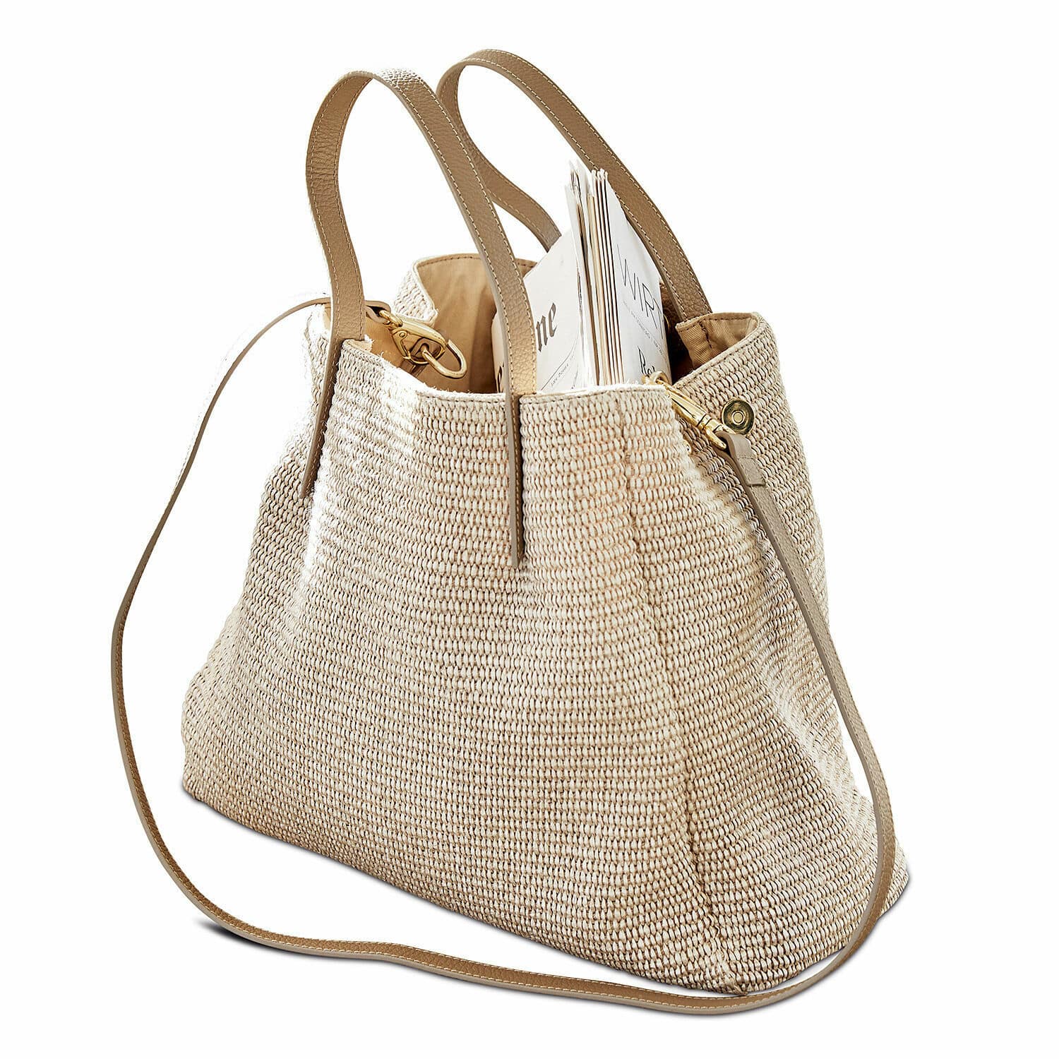 braun Braune Treffrin-Tasche aus gewebtem Material mit Schulterriemen und Griffen, praktisch für den Alltag