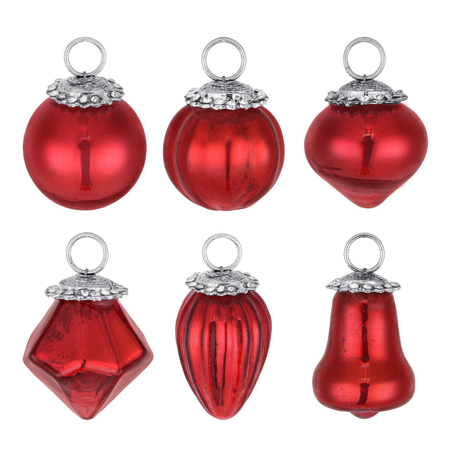 rot 6-teiliges Set roter Weihnachtskugeln aus Glas in verschiedenen Formen mit Metallaufhängung
