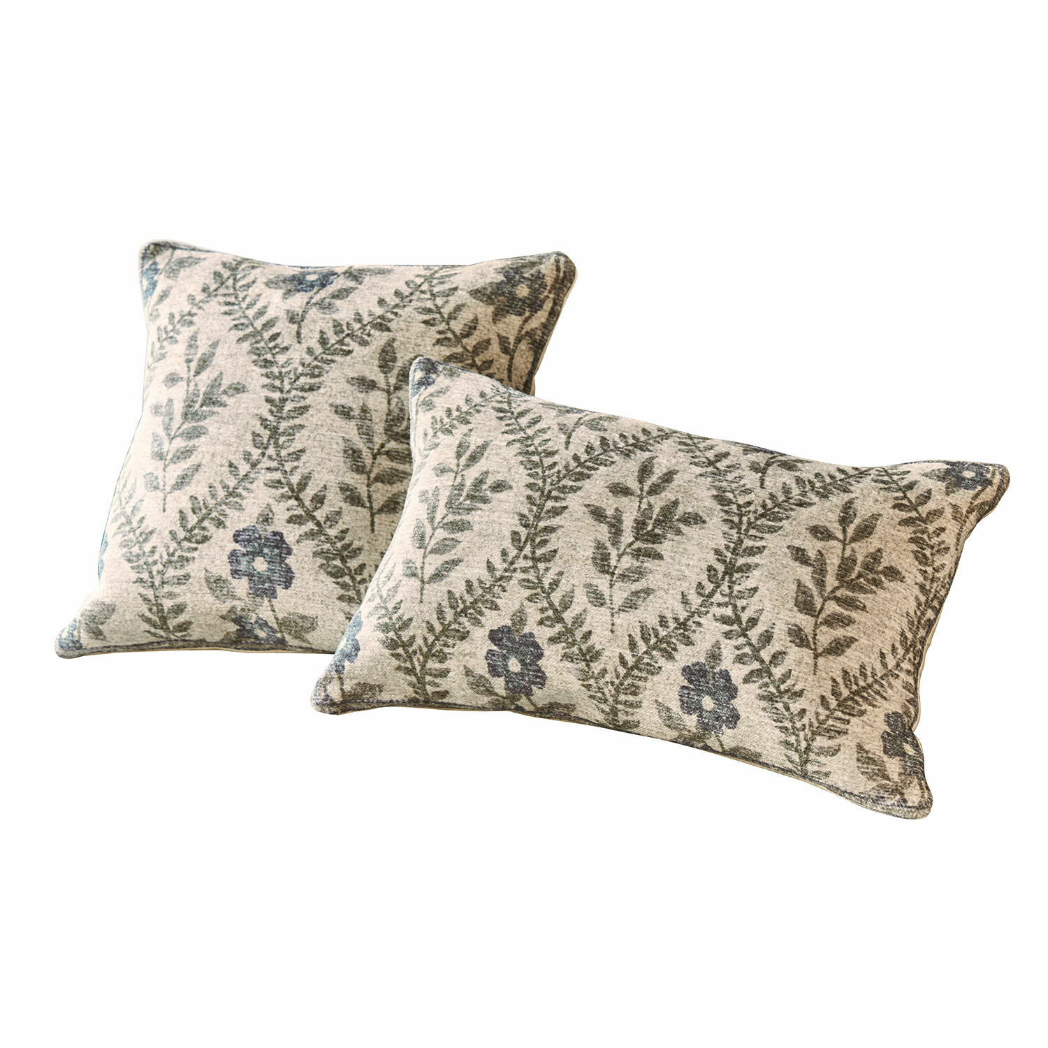 Kissenhülle 2er Set Vellouris Set aus zwei dekorativen Baumwollkissen in Beige mit grünen und blauen Pflanzenmustern für das Wohnzimmer