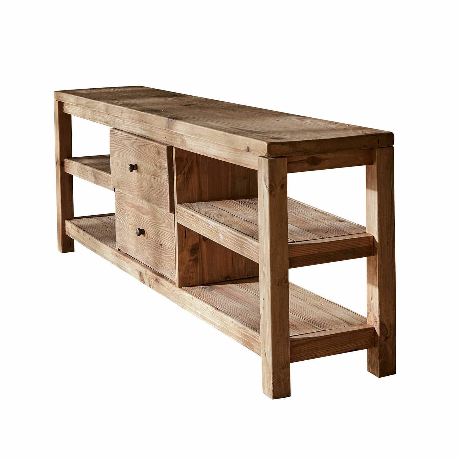 Sideboard Ainvelle Massive Holzbank mit Regalen und Schubladen in Naturfarbe, Möbelstück aus Holz