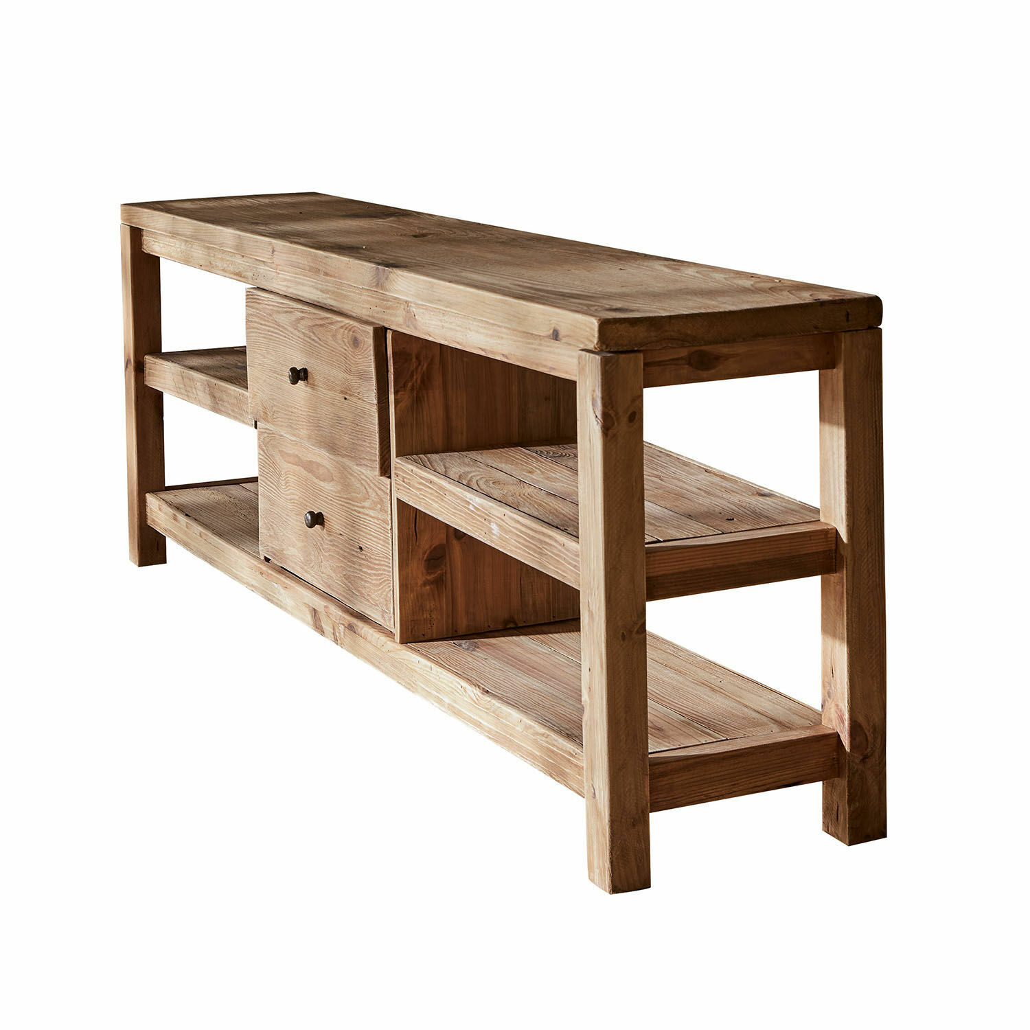 Sideboard Ainvelle Massive Holzbank mit Regalen und Schubladen in Naturfarbe, Möbelstück aus Holz