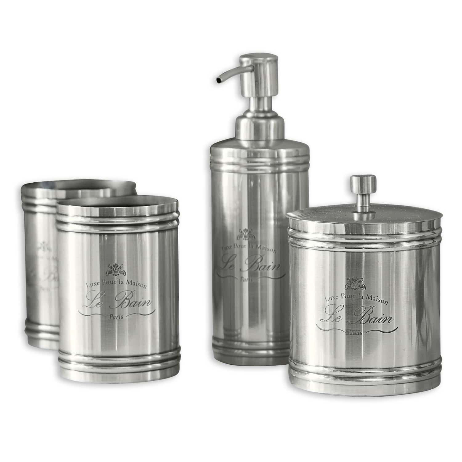 Bad-Set Le Bain Badezimmer-Set aus silberfarbenem Edelstahl mit Spender und Behältern für Kosmetikartikel