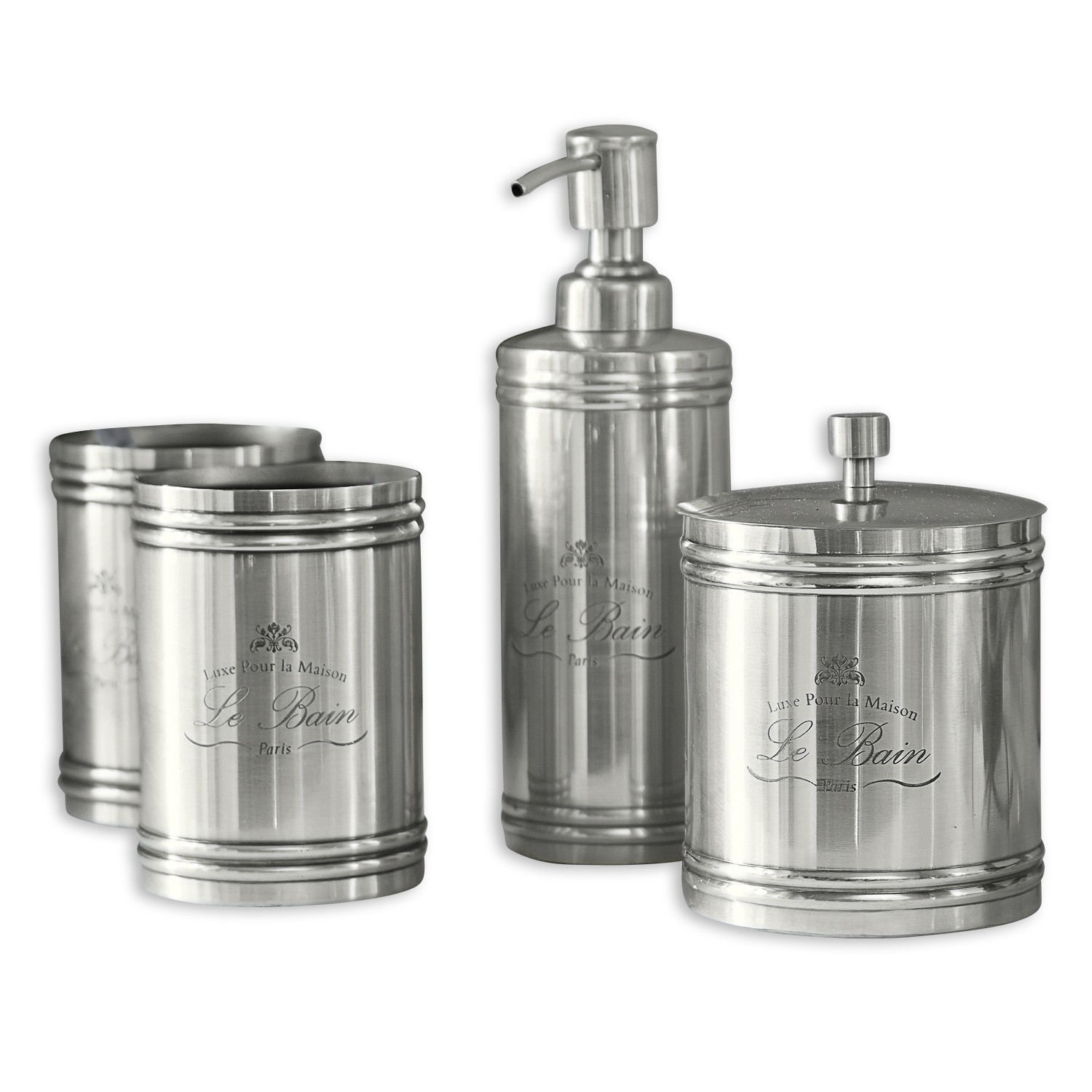 Bad-Set Le Bain Badezimmer-Set aus silberfarbenem Edelstahl mit Spender und Behältern für Kosmetikartikel