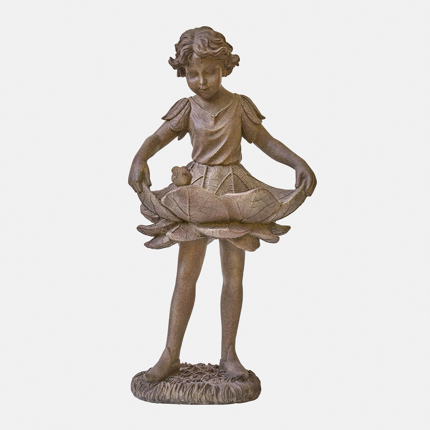 Bronzefarbene Metallfigur eines Mädchens mit Blattform als Schale, Gartendekoration