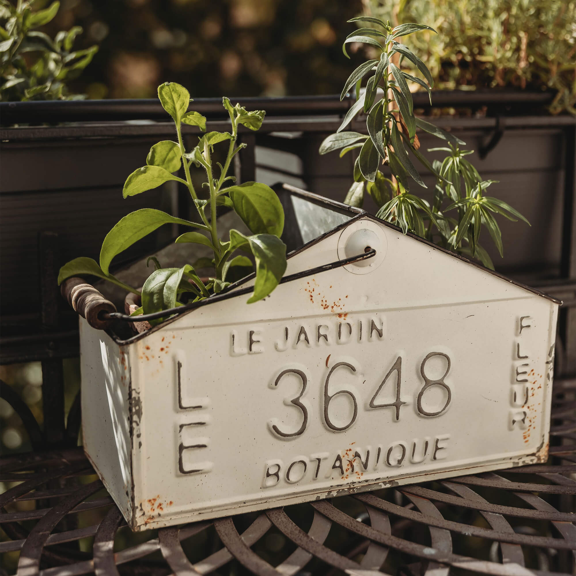 Weisse Metallpflanzbox in Hausform mit Pflanzen, rustikaler Gartenbehälter mit Patina