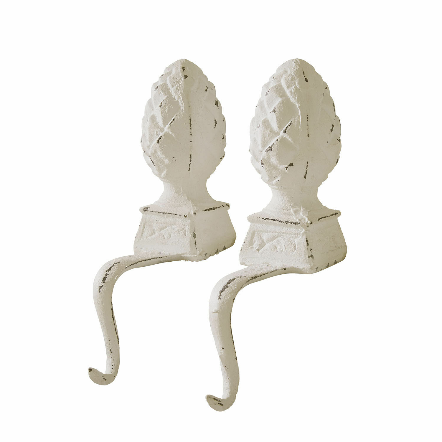 Zweier-Set Eisenzapfen-Haken in Antikweiss mit dekorativem Zapfenmuster
