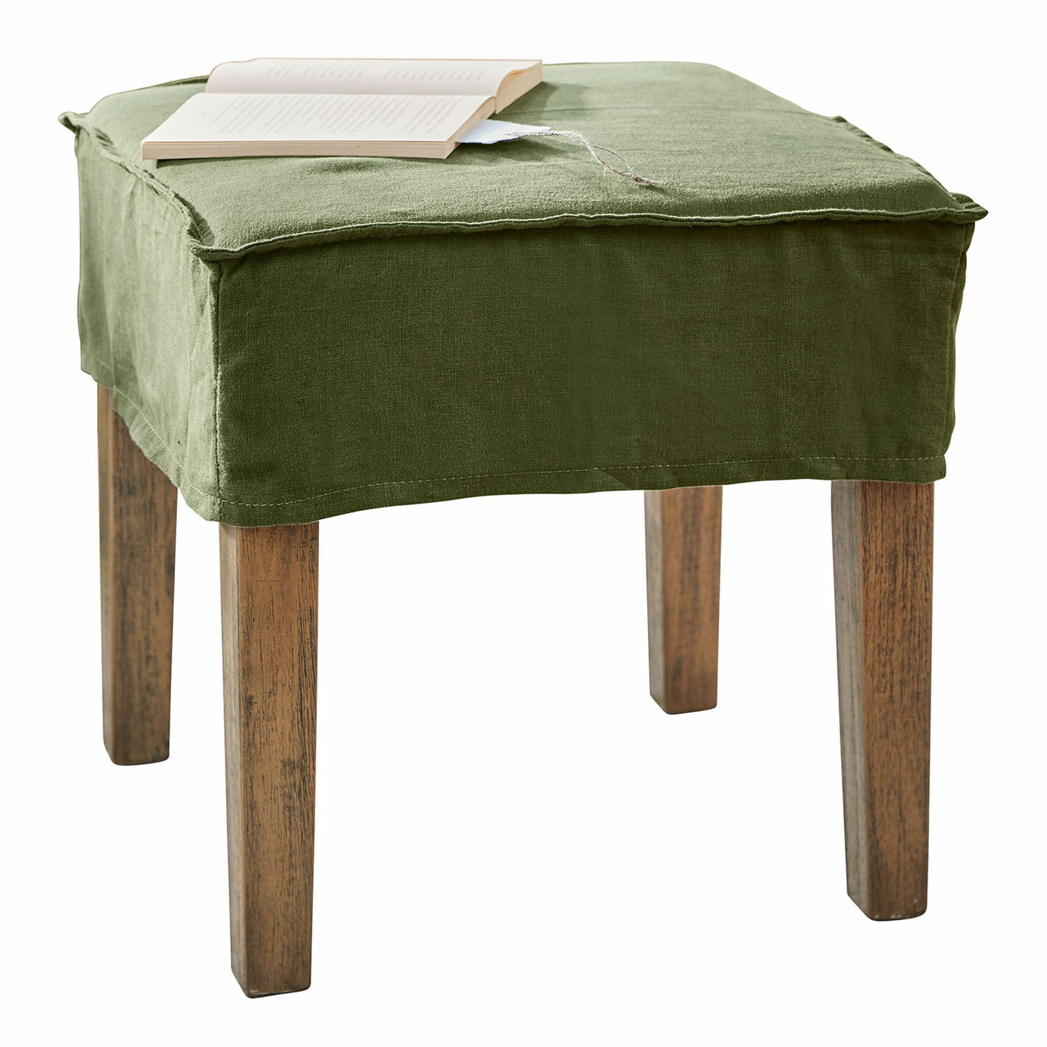 Hocker Vionnique Grüner Hocker mit Leinenbezug und Holzbeinen, praktisches Möbelstück für das Wohnzimmer