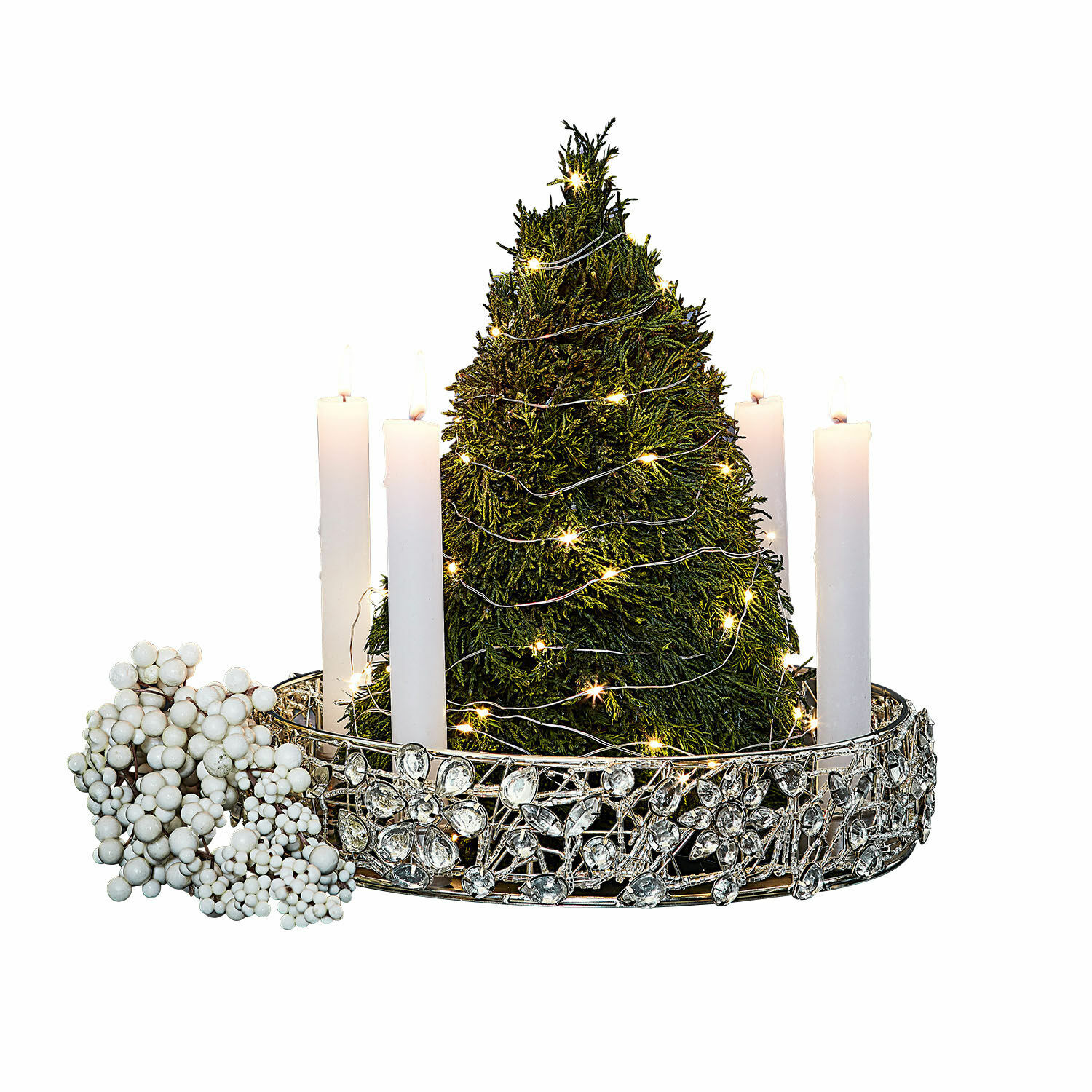 Kerzenhalter Hope Weihnachtlicher Kerzenhalter mit weissen Kerzen und grünem Tannenbaum mit LED-Lichterkette