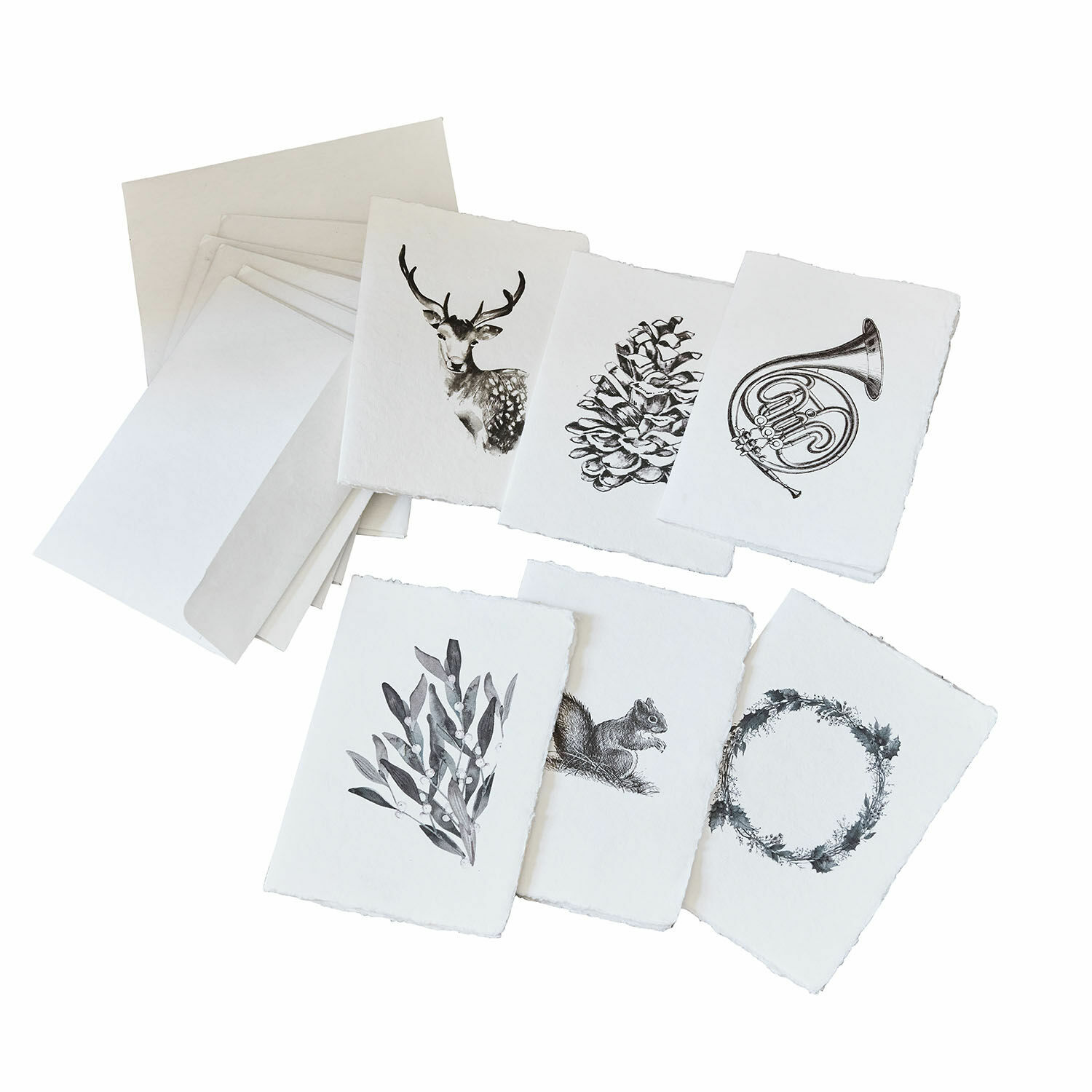 Grusskarten 6er Set Previa Set weisser Karten mit Hirsch-, Zapfen-, Eichhörnchen- und Kranzmotiven auf Künstlerpapier