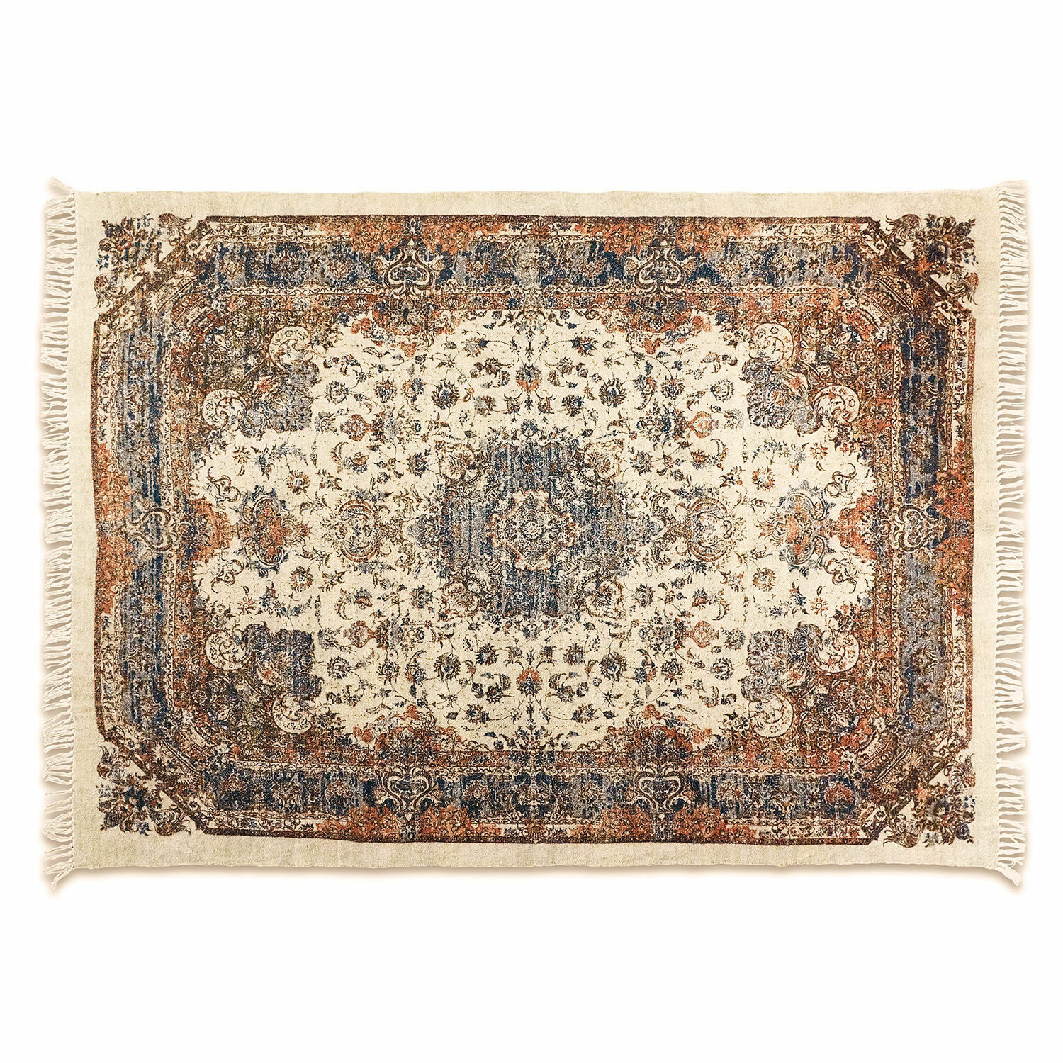 Teppich Aleixo Baumwollteppich in Creme mit braunen Mustern und Fransen, stilvolle Wohnraumdekoration