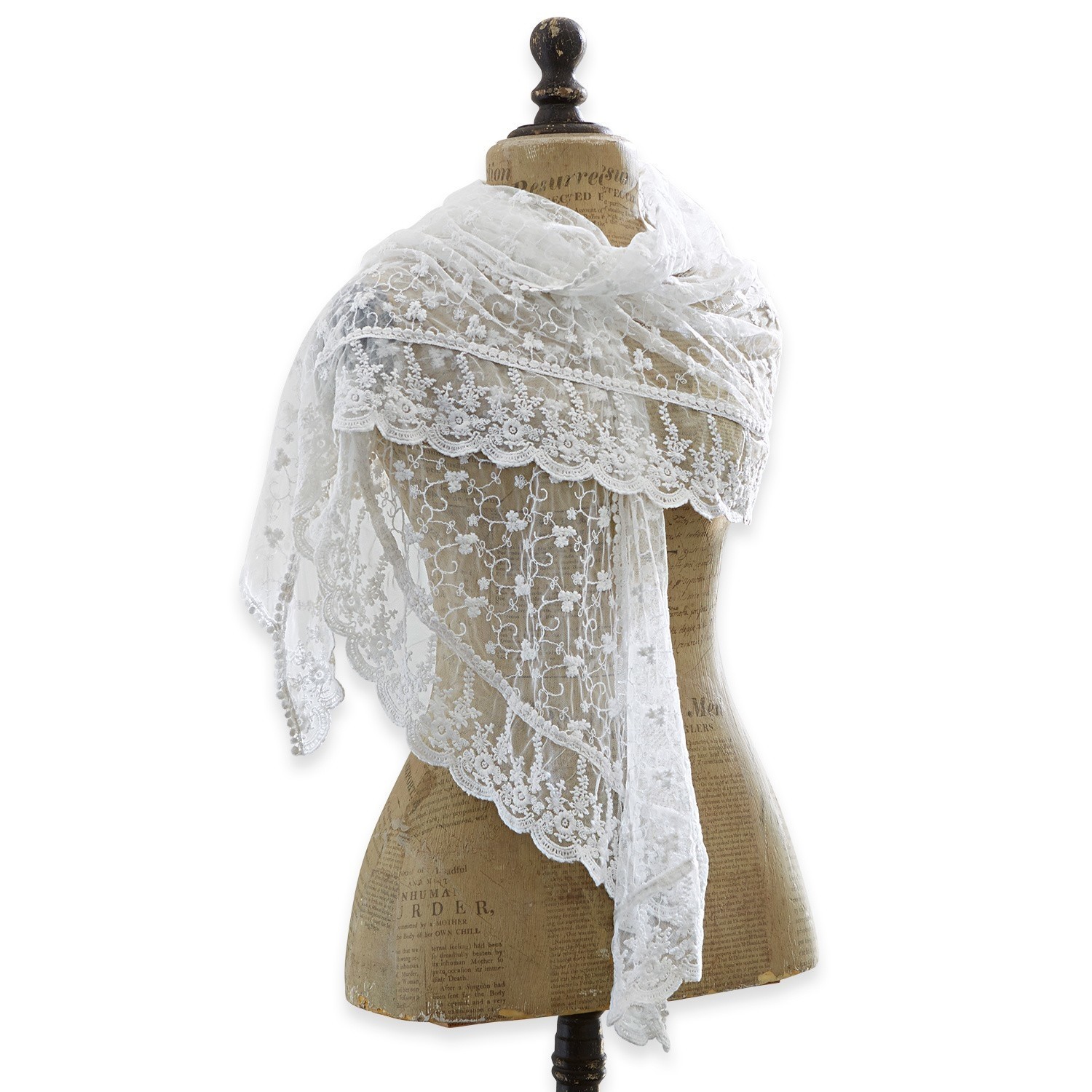 Schal Belvéze Weisser Spitzen-Schal mit feinem Blumenmuster auf Schneiderpuppe, elegantes Modeaccessoire
