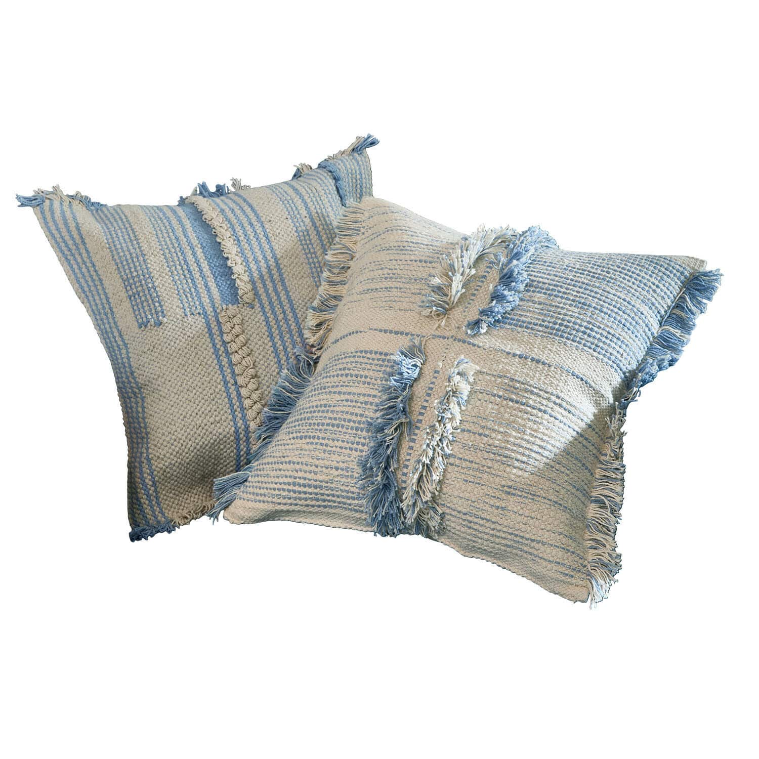 Kissenhülle 2er Set Ciel d'Azur Zwei dekorative Baumwollkissen in Creme-Blau mit Streifen und Fransen, weich und stilvoll