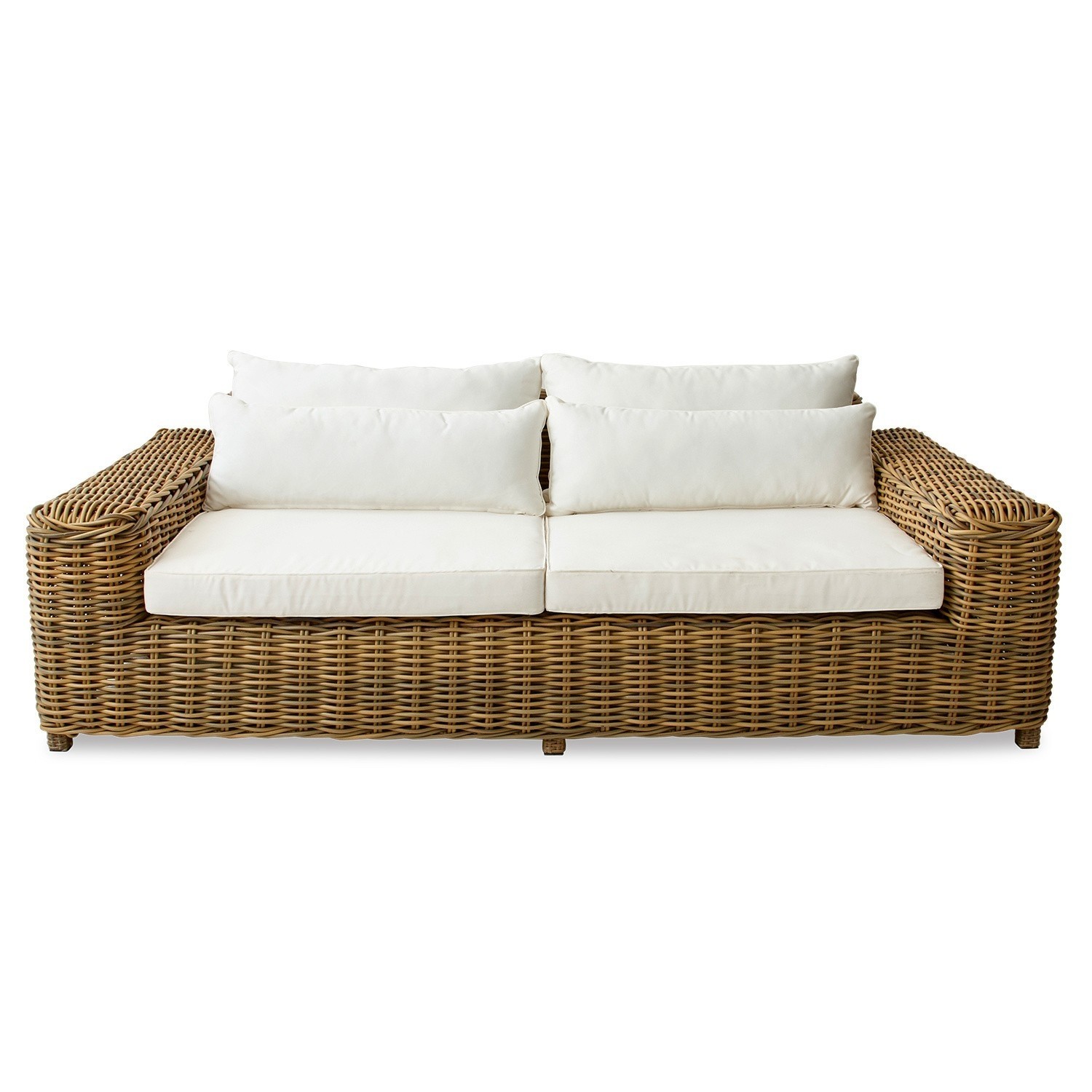 Sofa Camas Rattansofa mit weissen Kissen, gemütliches Sitzmöbel für Wohnzimmer oder Garten
