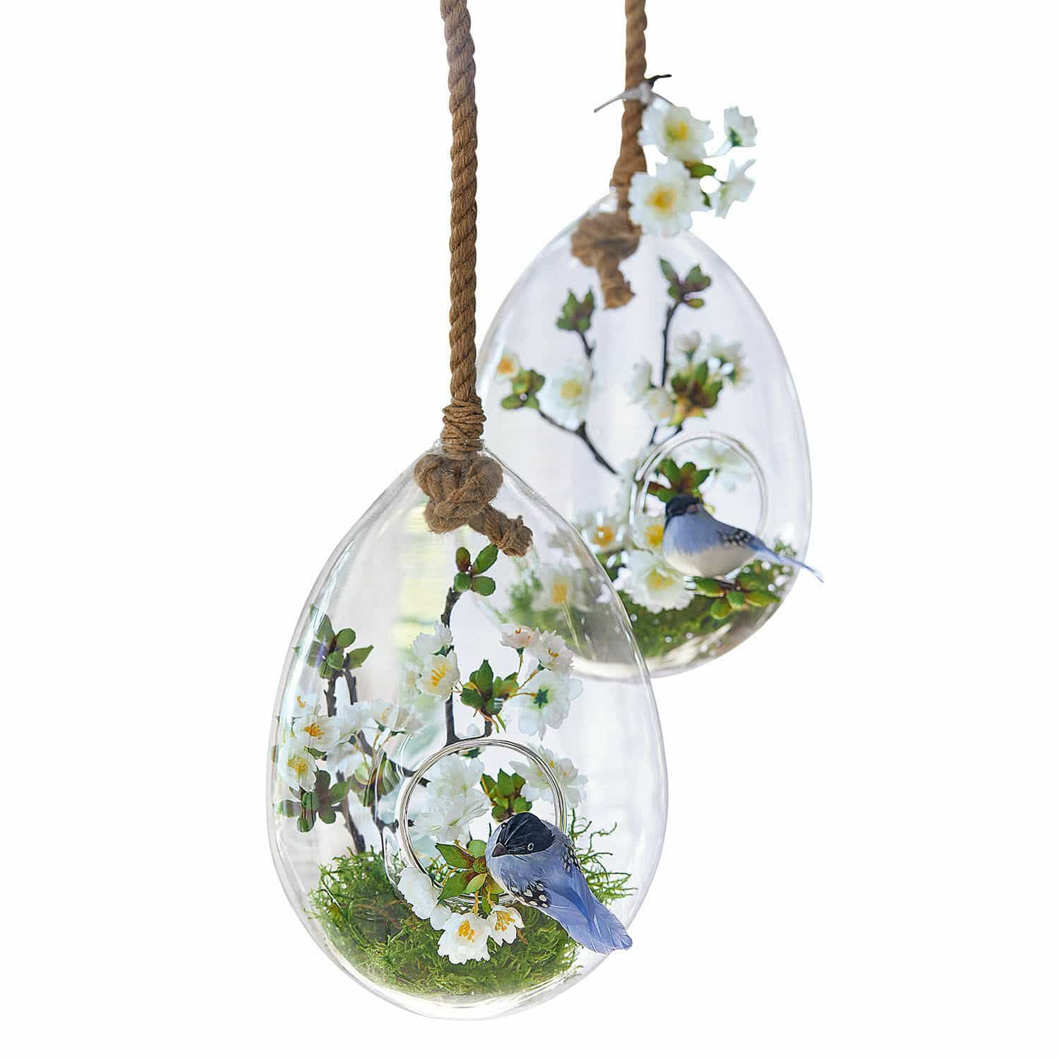 Glas-Ei 2er Set Noam Hängende Glasdekorationen mit weissen Blüten und blauem Vogel an Juteseil für Wohn- und Gartenbereich