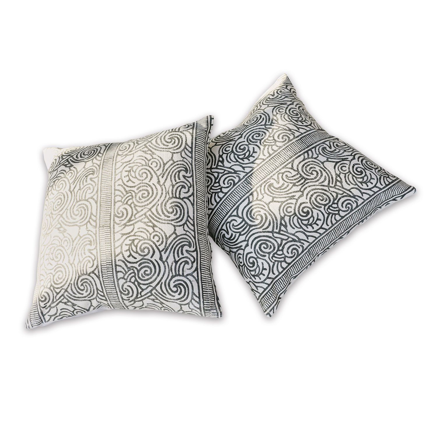 Kissenhülle 2er Set Ensis Zwei dekorative Baumwollkissen in Weiss mit schwarzem Spiralmuster für das Wohnzimmer