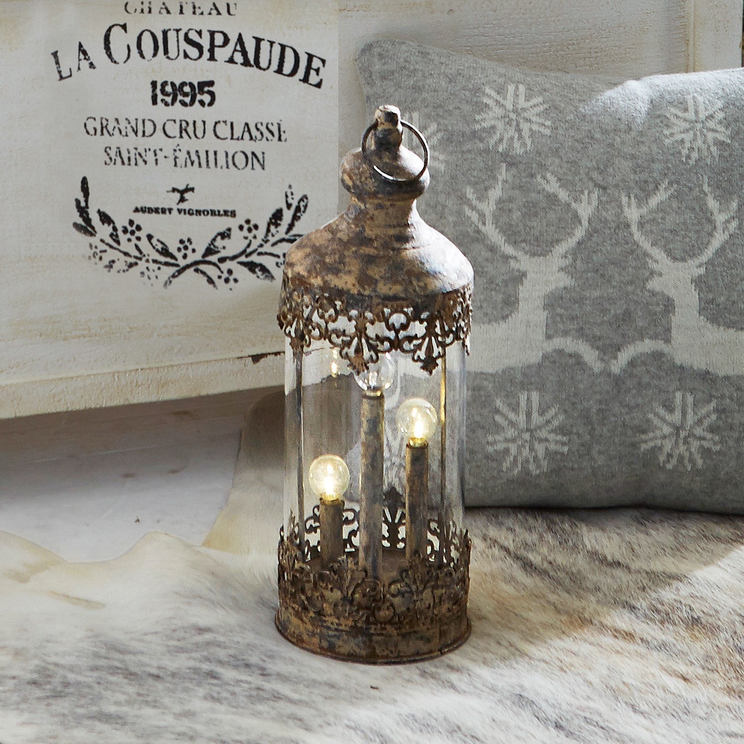Laterne Cosette Dekorativer Laternenleuchter aus Metall und Glas im Vintage-Stil, braun, für Innen- und Aussenbereich