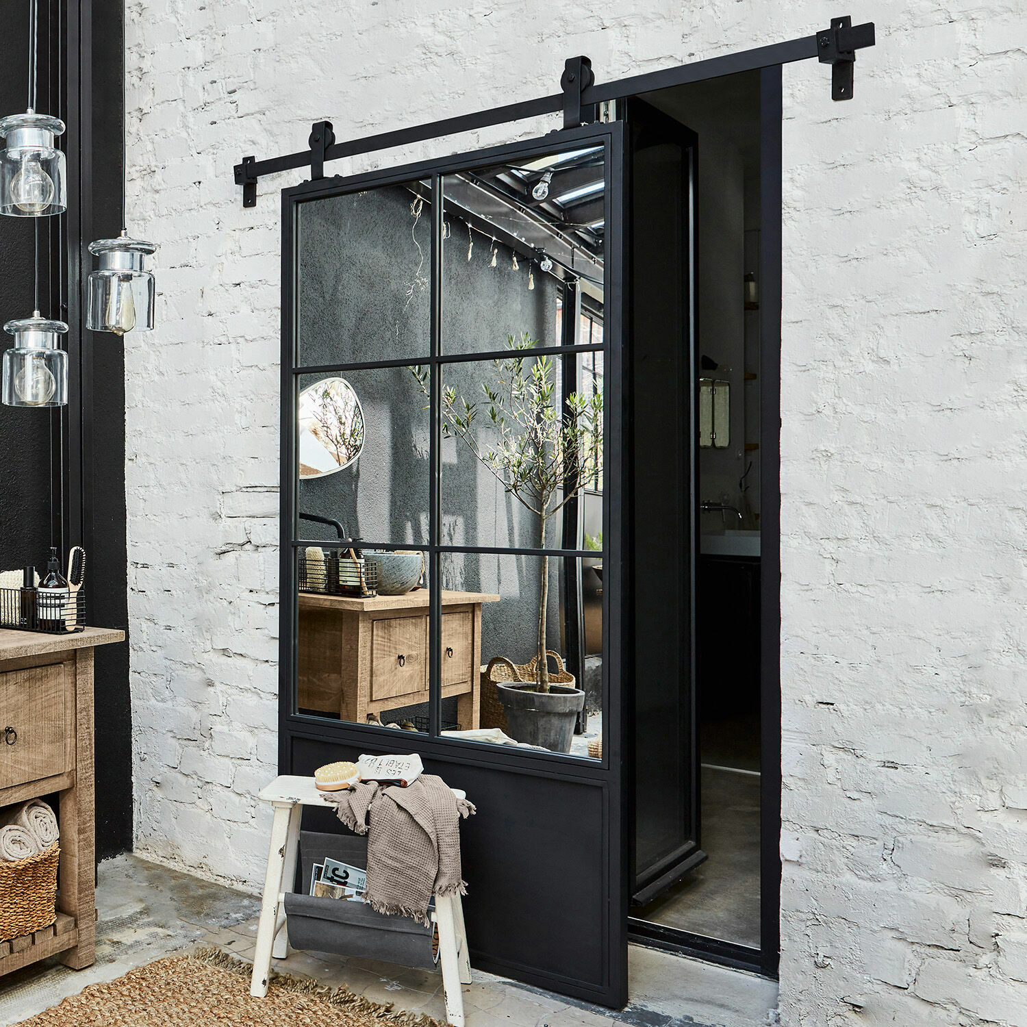Schiebetür Bonnaire Schwarze Metallschiebetür mit Spiegel im Industriestil für modernes Interieur