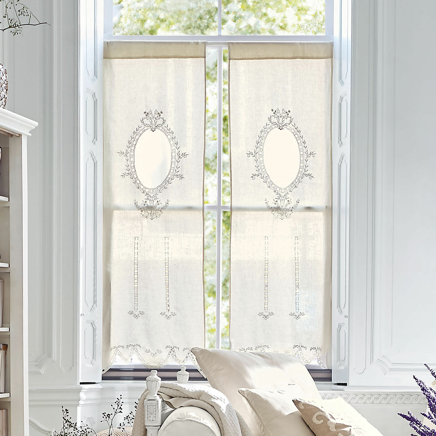 Gardine Loiret Beige Leinenvorhänge mit feiner Stickerei und dekorativem Muster für das Wohnzimmer, Fensterdekoration