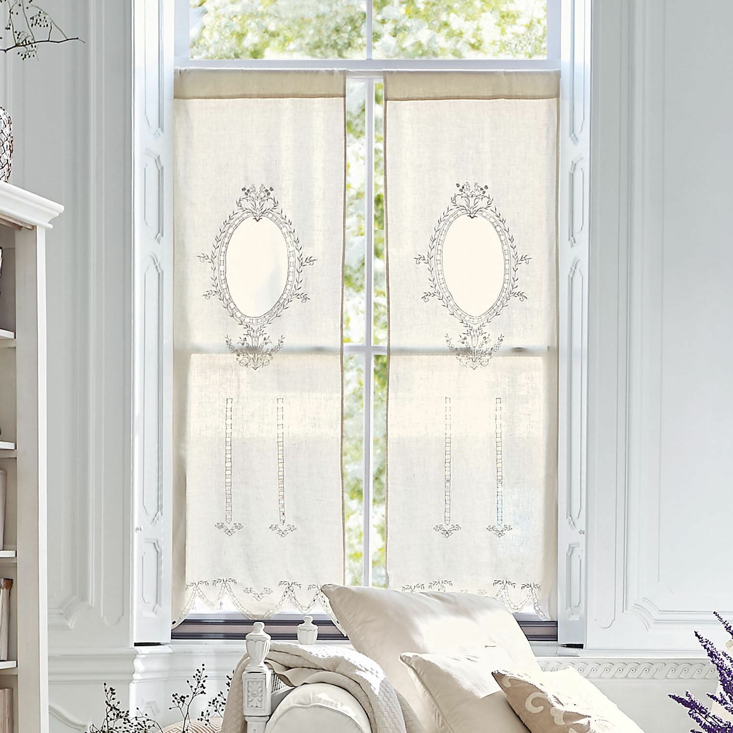 Gardine Loiret Beige Leinenvorhänge mit feiner Stickerei und dekorativem Muster für das Wohnzimmer, Fensterdekoration