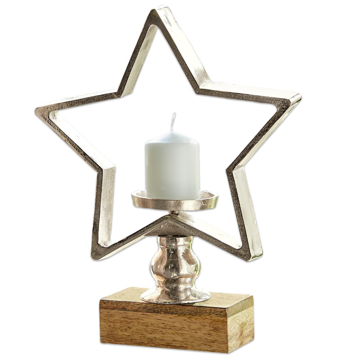 Kerzenständer Orla Metall-Kerzenhalter in Sternform auf Holzsockel mit weisser Dekokerze