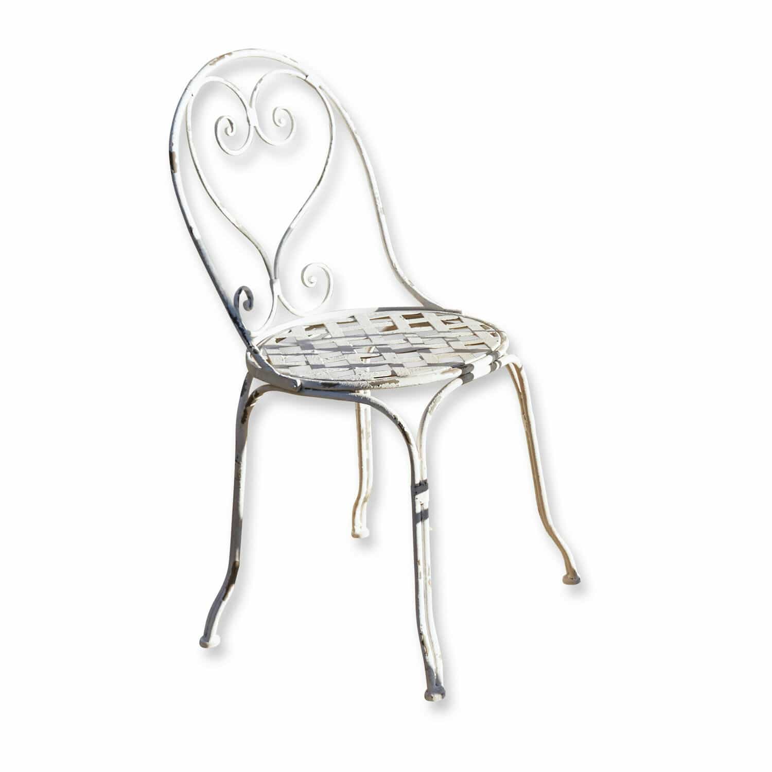 Stuhl Aube Weisser Metall-Gartenstuhl mit geflochtenem Sitz und dekorativer Rückenlehne im Vintage-Stil