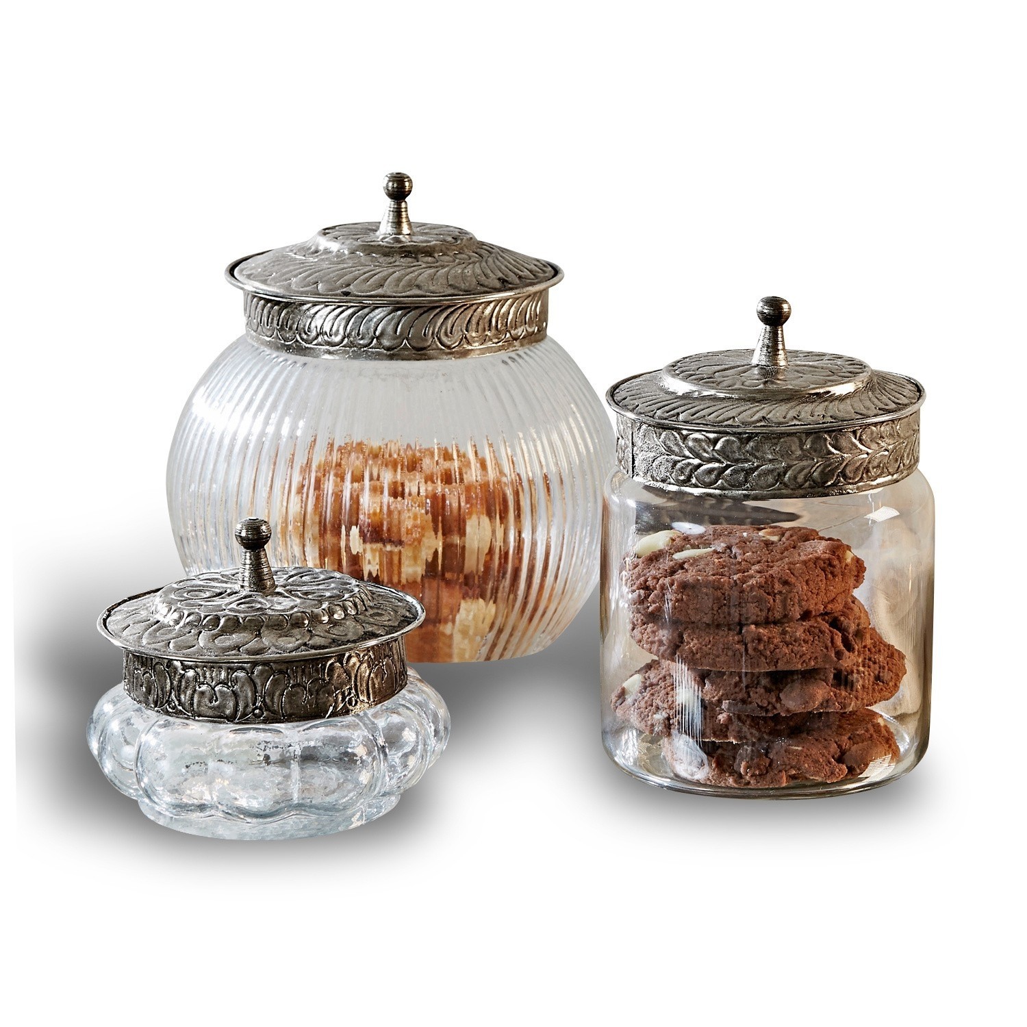 Dose 3er Set Plévin Drei Glasbehälter mit verzierten Metalldeckeln zur Aufbewahrung von Keksen und Snacks.
