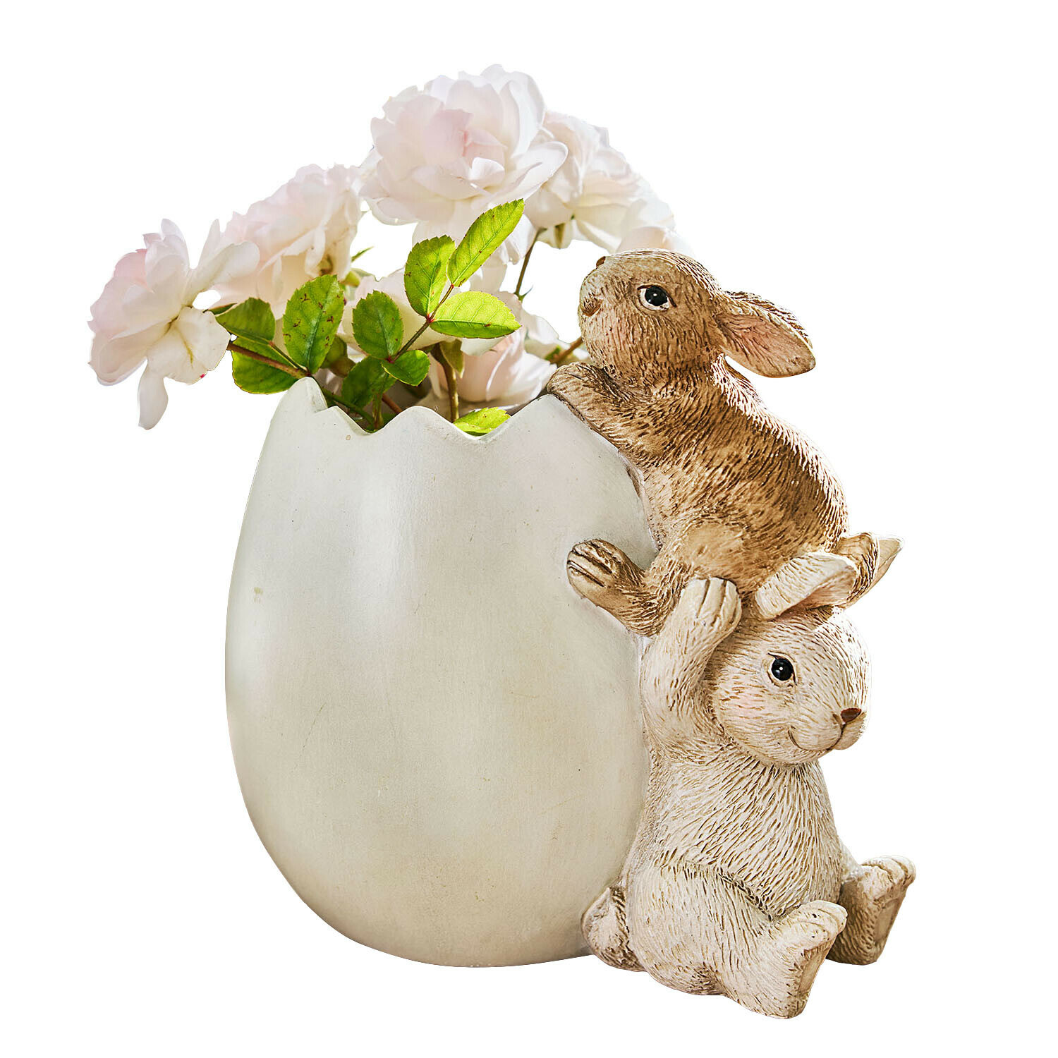 Œuf avec lapins Willowmare Weisse Keramikvase in Eierschalenform mit zwei braunen Hasen und rosa Blumen