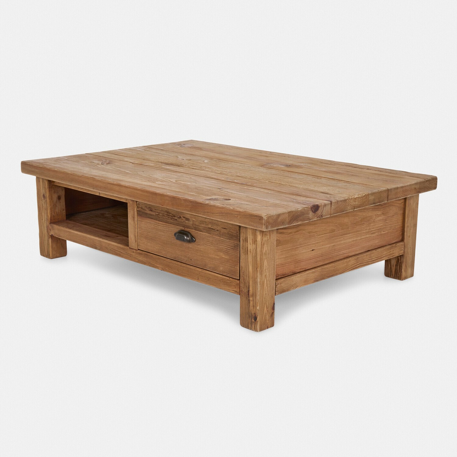 Couchtisch aus naturbelassenem Kiefernholz mit Schublade und Ablagefach