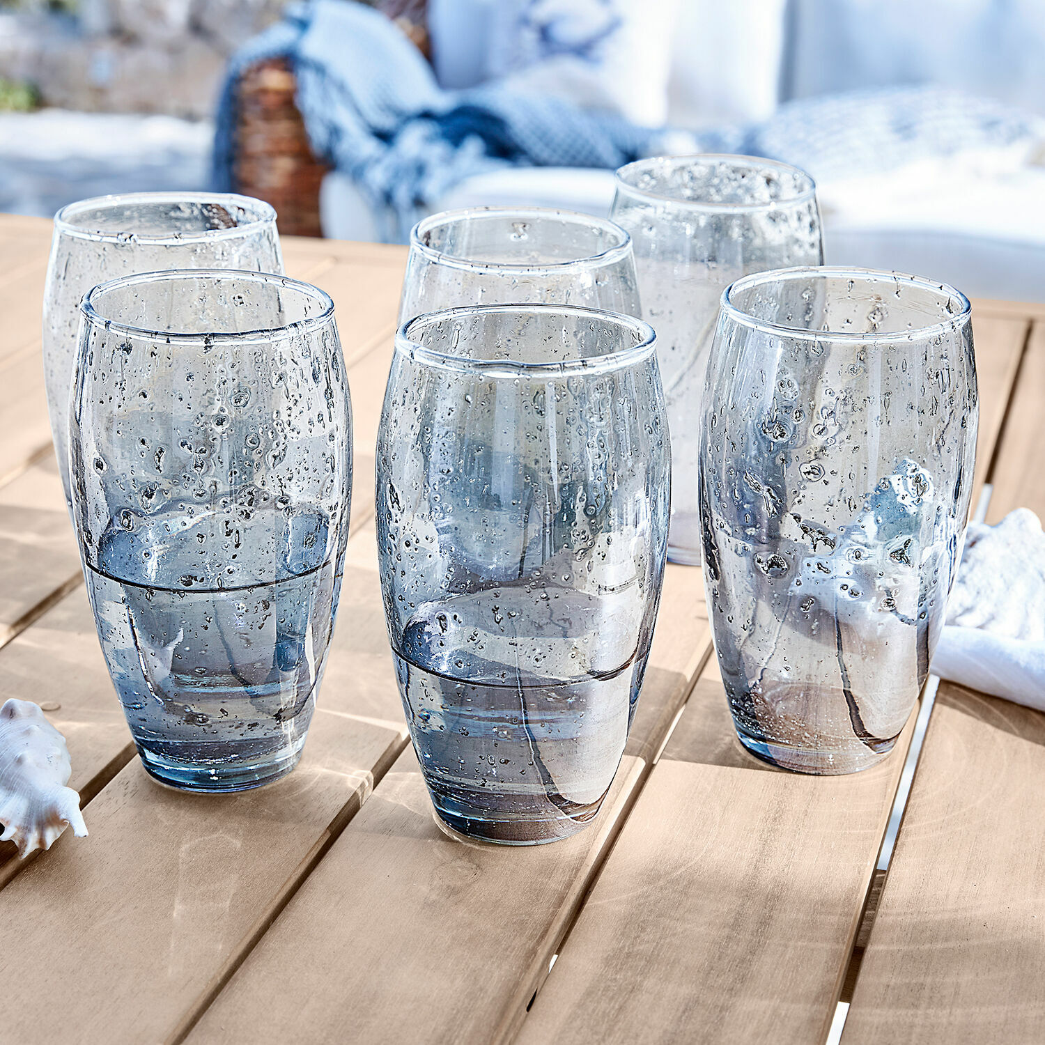 Glas 6er Set Kampala Sechsteiliges Set blaue Gläser mit Luftblasen, ideal für Getränke auf der Terrasse