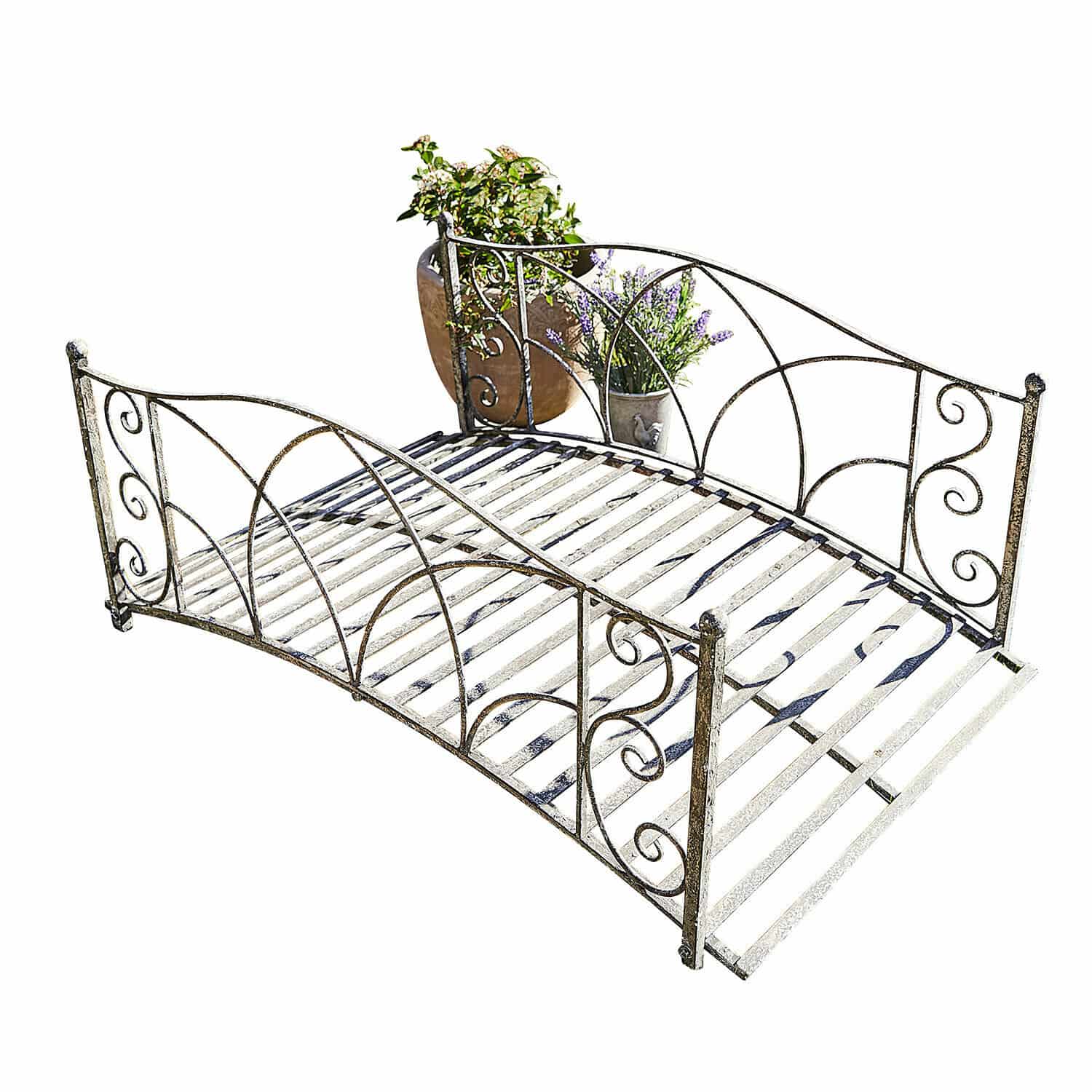 Deko-Brücke Escàs Vintage Metall-Gartenbank mit dekorativen Verzierungen und Platz für Pflanzen