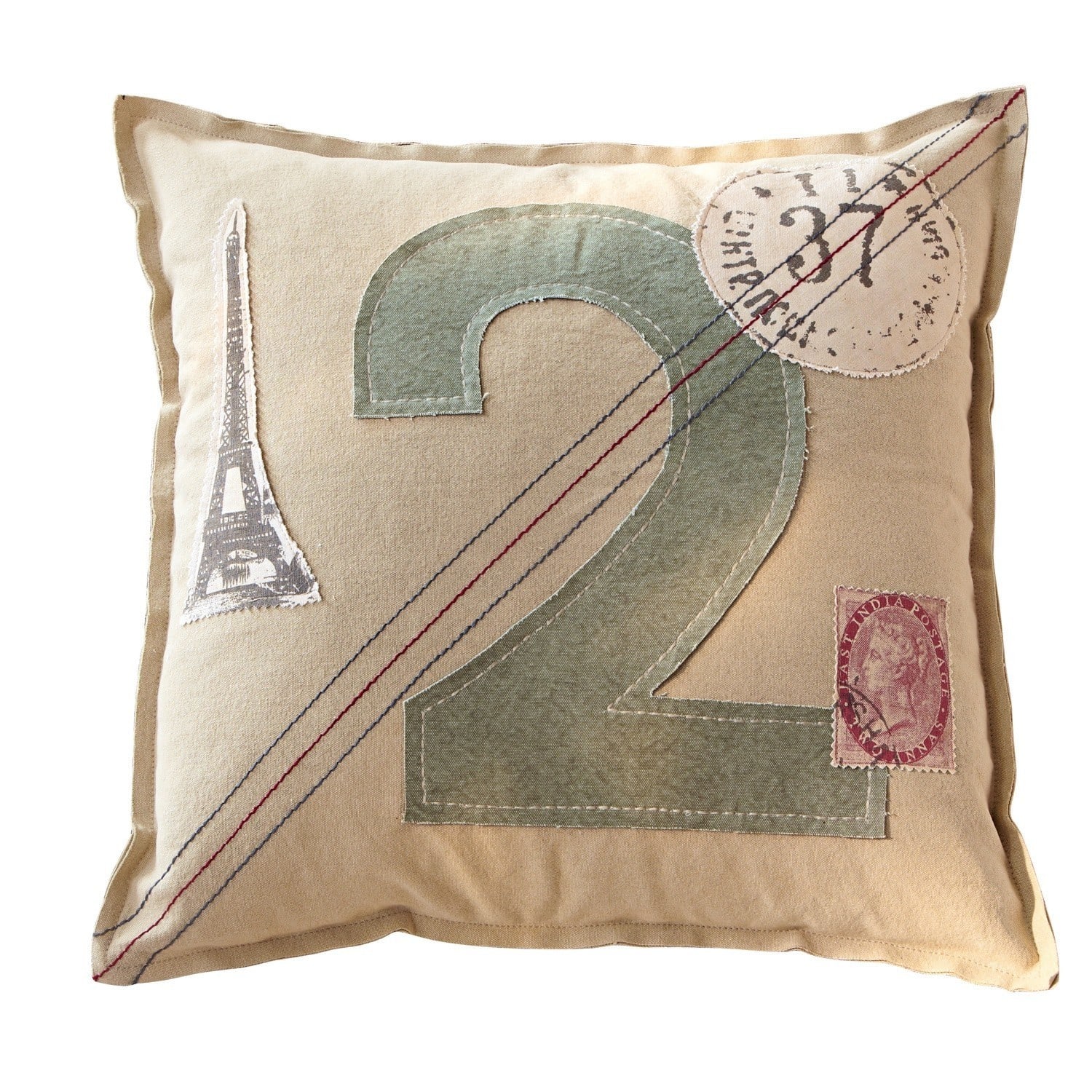 Kissen Clark Beiges Dekokissen aus Baumwolle und Leinen mit der Zahl 2 und Paris-Motiven für das Wohnzimmer