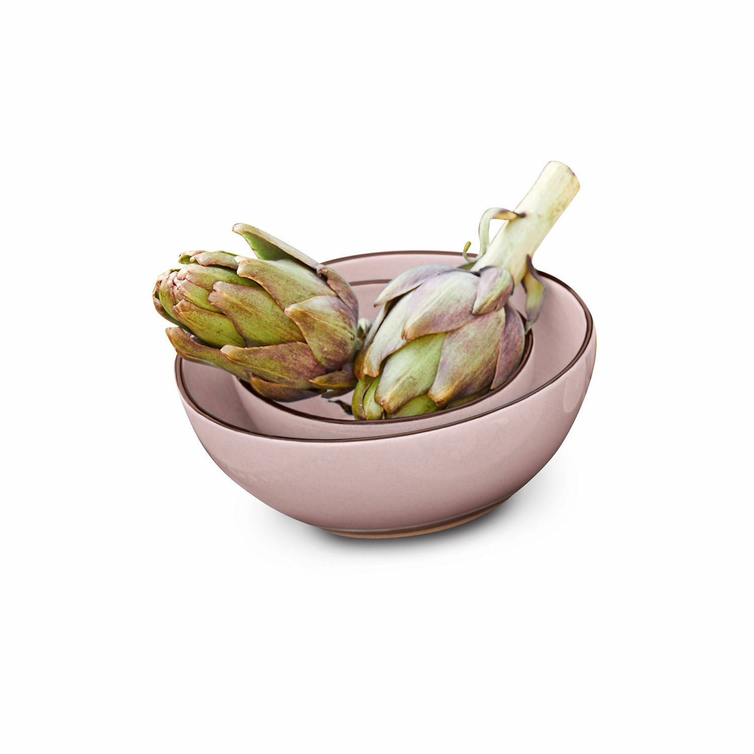 Zweiteiliges Set rosa Keramikschüsseln Biarritz mit grünen Artischocken, Küchenaccessoire