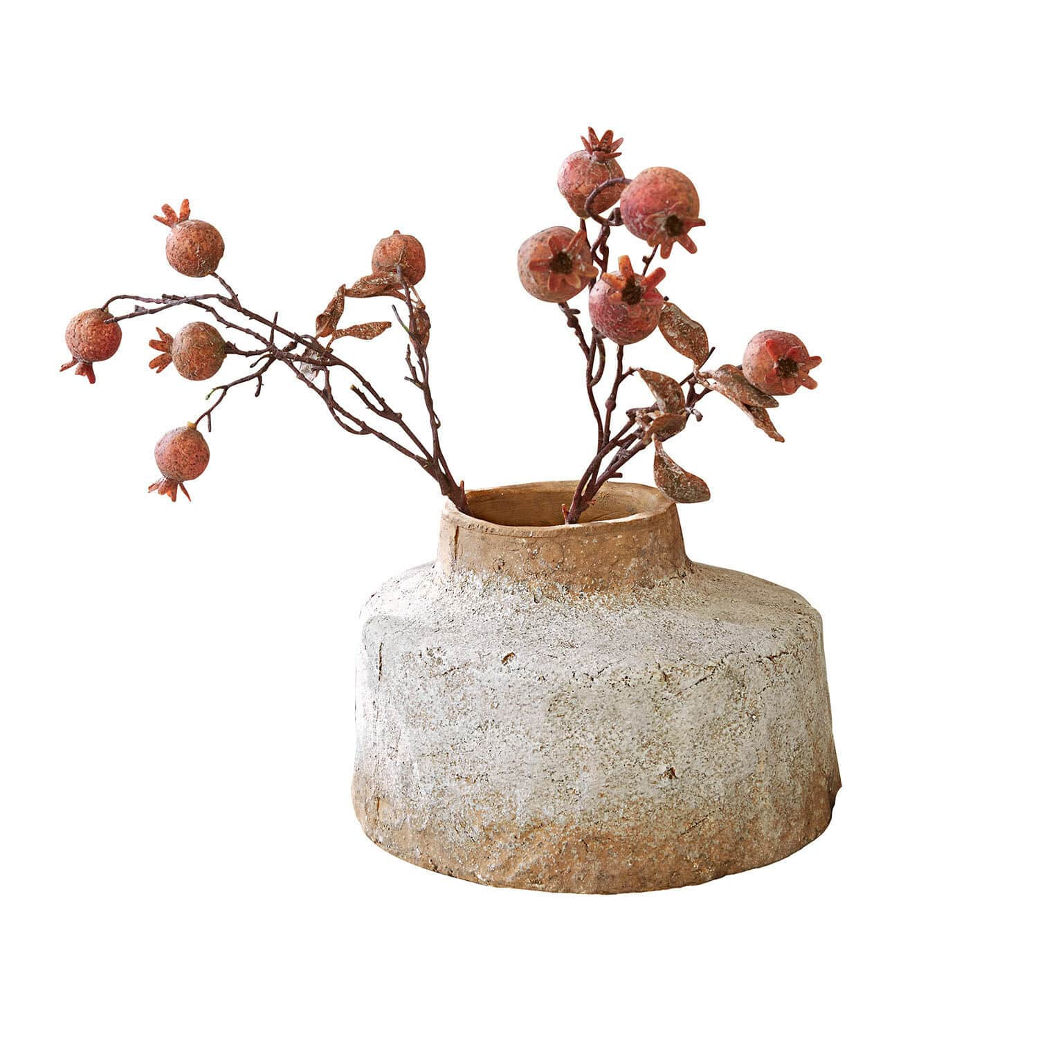 Vase Sévrac Rustikale Keramikvase in Beige mit dekorativen Zweigen und roten Granatäpfeln