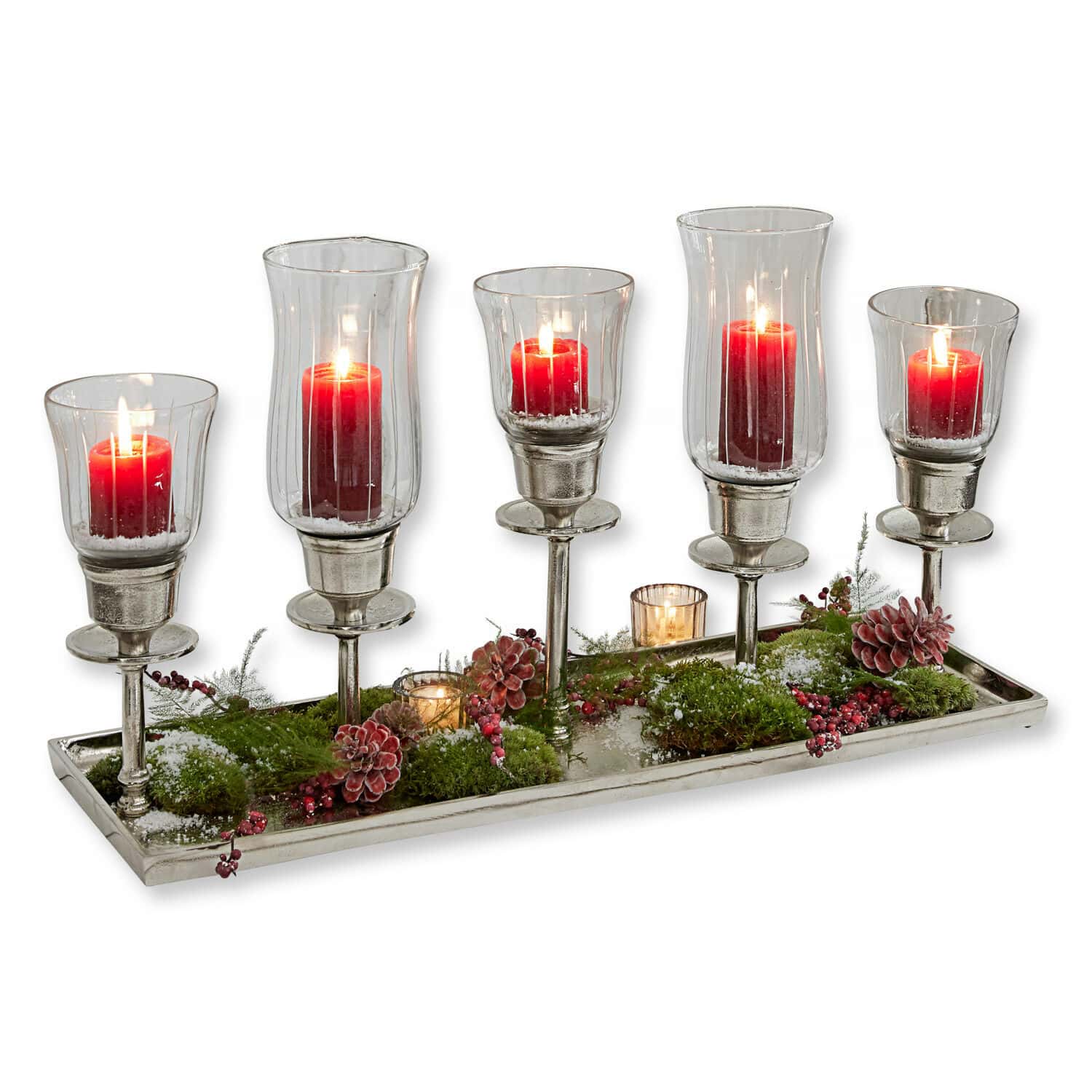 Kerzentablett Ennedi Kerzenhalter aus Glas und Metall mit fünf roten Kerzen, Tannenzapfen und Moos auf Tablett